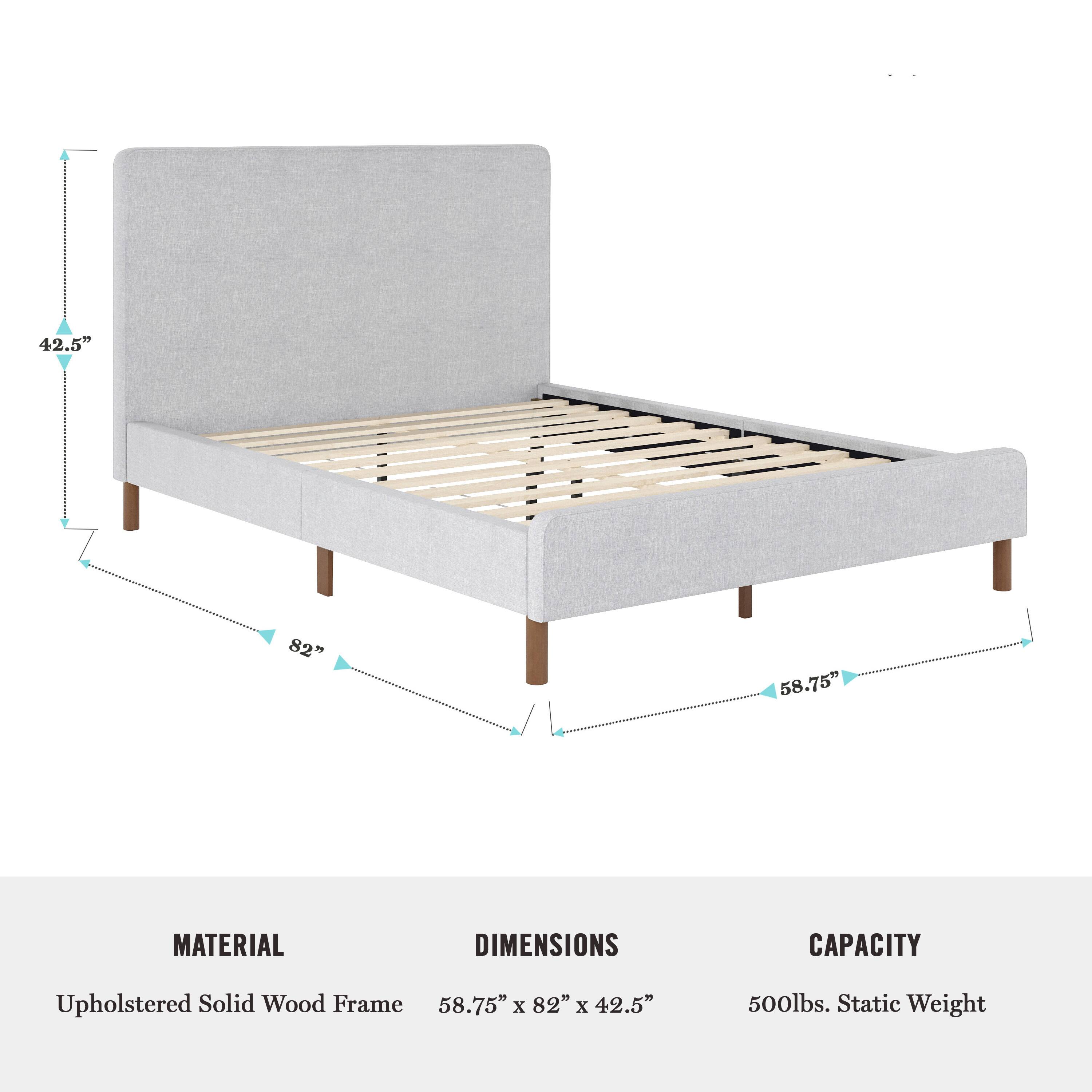 The image features a bed frame with a wooden headboard and footboard. The bed frame is made of upholstered solid wood and has dimensions of 58.75" x 82" x 42.5". The bed frame can support a weight capacity of 500 lbs.