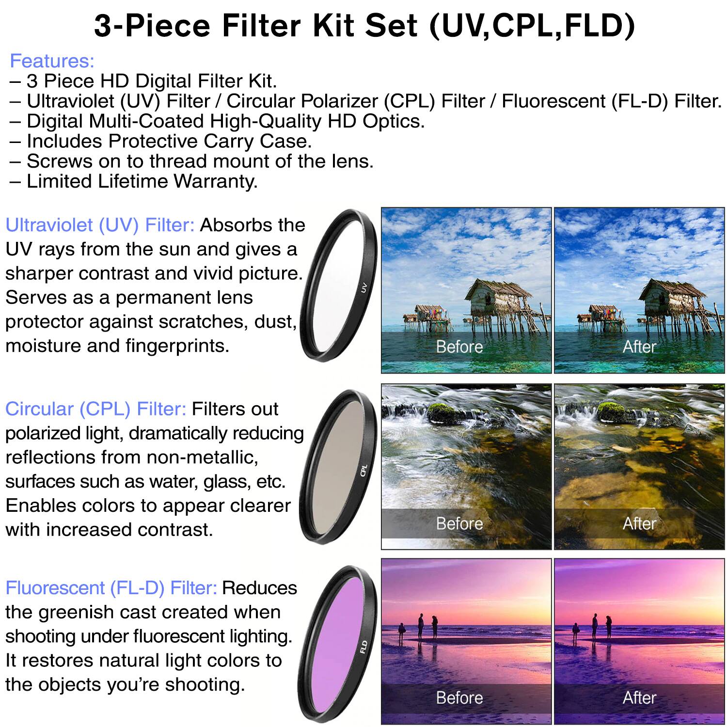 3-Piece Filter Kit Set (UV, CPL, FLD)

Features:
- 3 Piece HD Digital Filter Kit.
- Ultraviolet (UV) Filter / Circular Polarizer (CPL) Filter / Fluorescent (FL-D) Filter.
- Digital Multi-Coated High-Quality HD Optics.
- Includes Protective Carry Case.
- Screws on to thread mount of the lens.
- Limited Lifetime Warranty.

Ultraviolet (UV) Filter:
Absorbs the UV rays from the sun and gives a sharper contrast and vivid picture. Serves as a permanent lens protector against scratches, dust, moisture, and fingerprints.

Circular (CPL) Filter:
Filters out polarized light, dramatically reducing reflections from non-metallic surfaces such as water, glass, etc. Enables colors to appear clearer with increased contrast.

Fluorescent (FL-D) Filter:
Reduces the greenish cast created when shooting under fluorescent lighting. It restores natural light colors to the objects you're shooting.