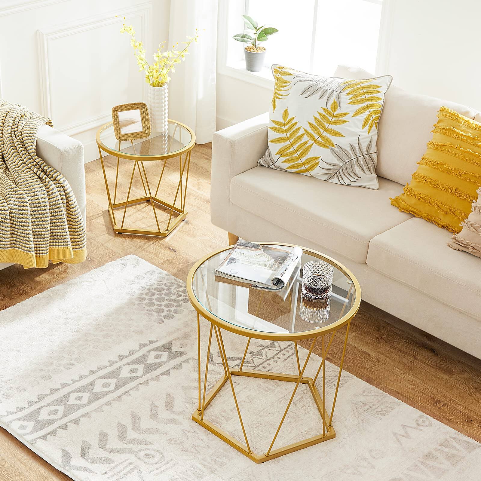 Front. JETRANSPORT - Small Coffee Table Set Of 2 Round End With Metal Frame Glass Tabletop Side For Living Room Bedroom And Balcon - Default.