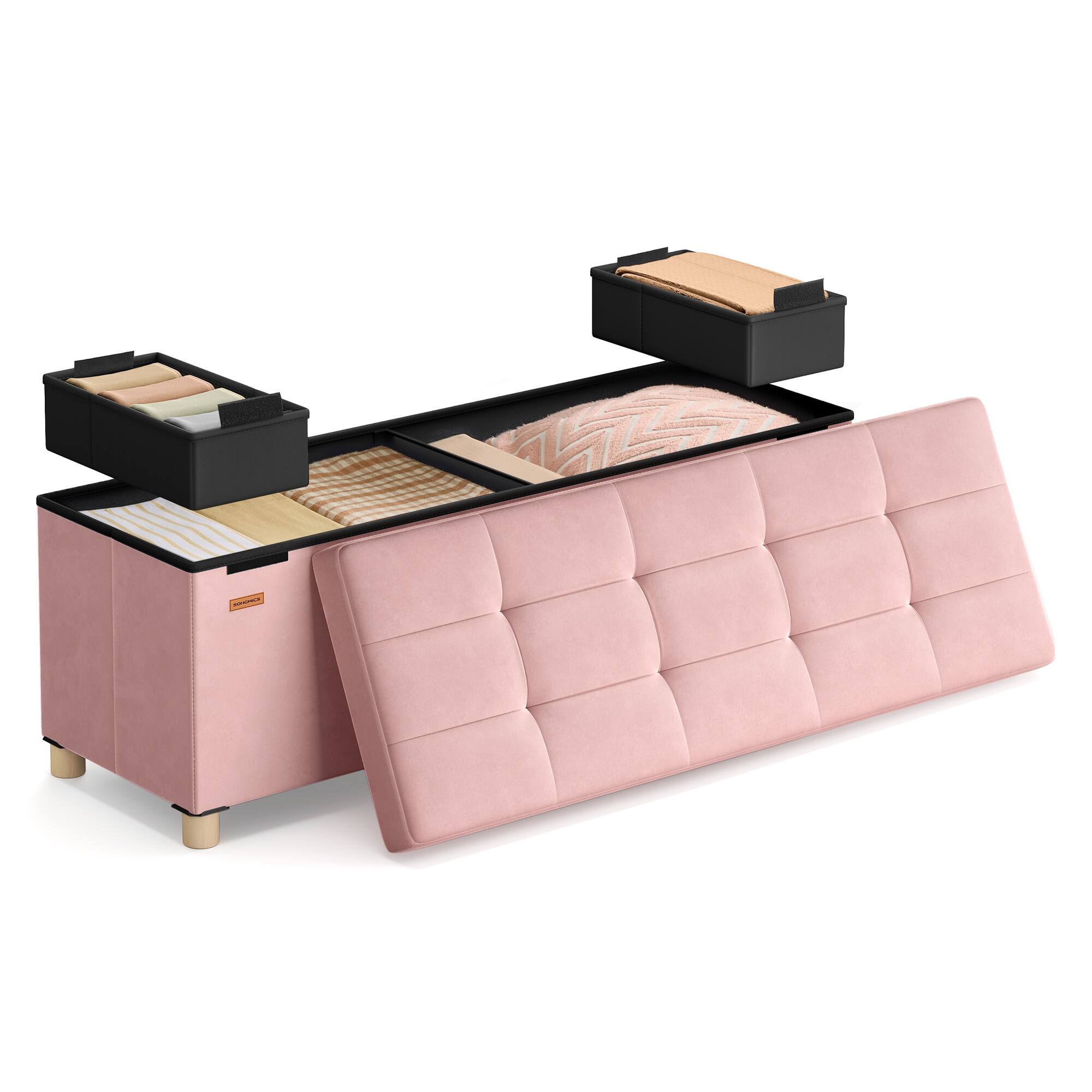 Front. Songmics Home - Storage Ottoman Bench, Folding Storage Chest, 15 x 43.3 x 15.7 Inches, Foot Rest Stool, 30 Gal. (112 L), Velvet Surface - Jelly Pink.