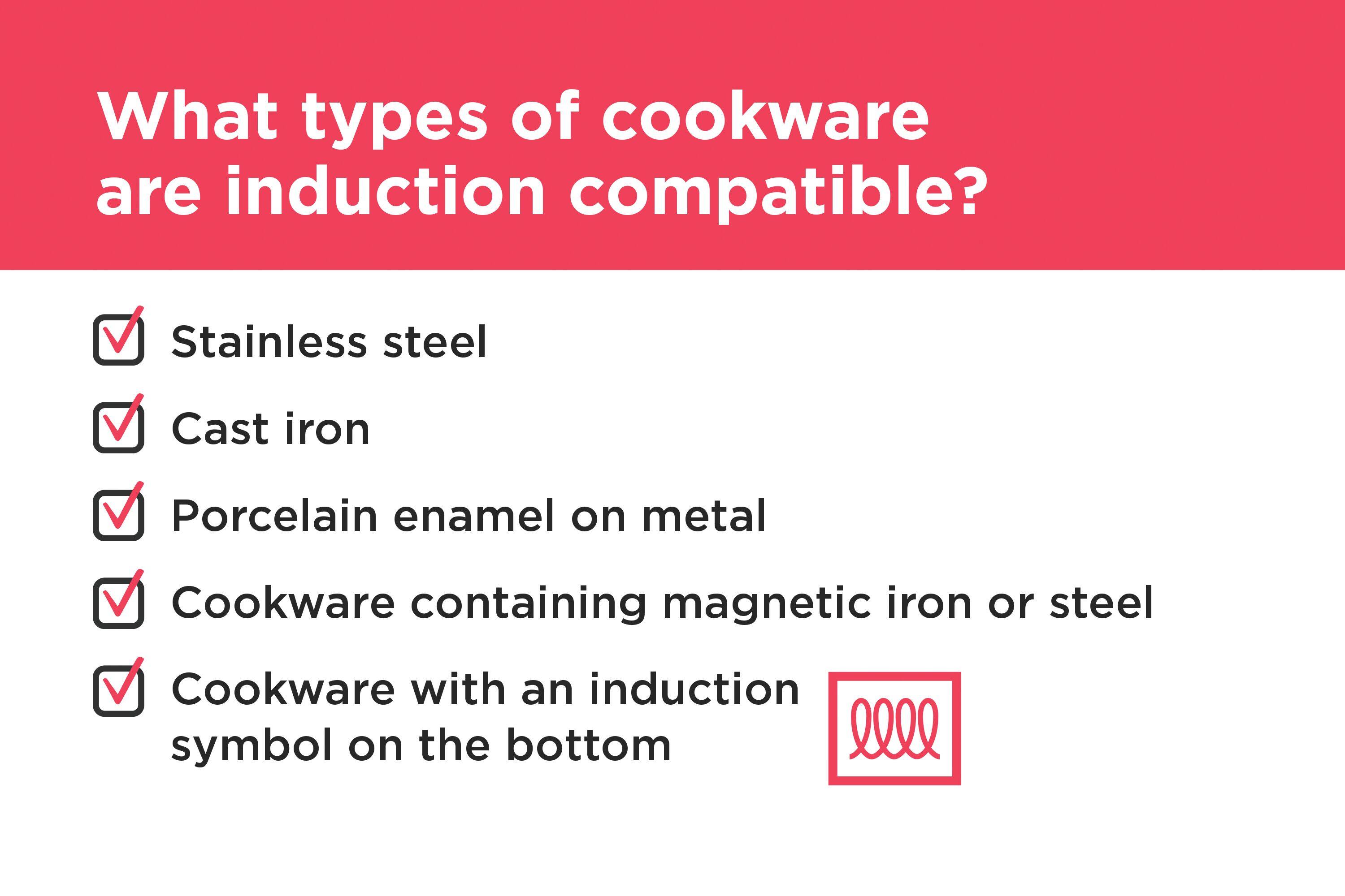 What types of cookware are induction compatible?
- Stainless steel
- Cast iron
- Porcelain enamel on metal
- Cookware containing magnetic iron or steel
- Cookware with an induction symbol on the bottom