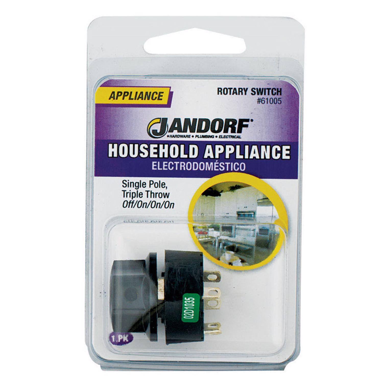 APPLIANCE ROTARY SWITCH #61005  
ANDORF HARDWARE PLUMBING ELECTRICAL  
HOUSEHOLD APPLIANCE ELECTRODOMÉSTICO  
Single Pole, Triple Throw Off/On/On/On  
1 PK  
0 02D1035
