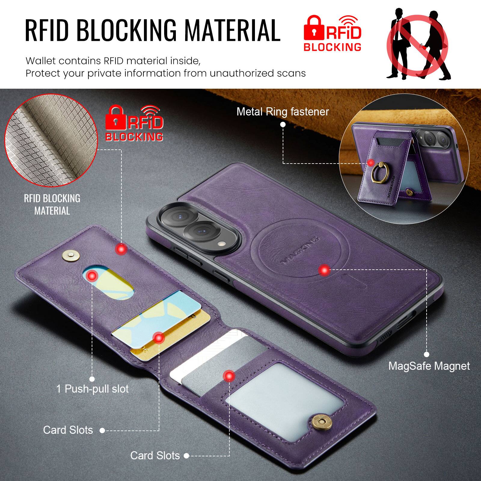 RFID BLOCKING MATERIAL

Wallet contains RFID material inside, Protect your private information from unauthorized scans

RFID BLOCKING MATERIAL

Metal Ring fastener

1 Push-pull slot

Card Slots

Card Slots

MagSafe Magnet