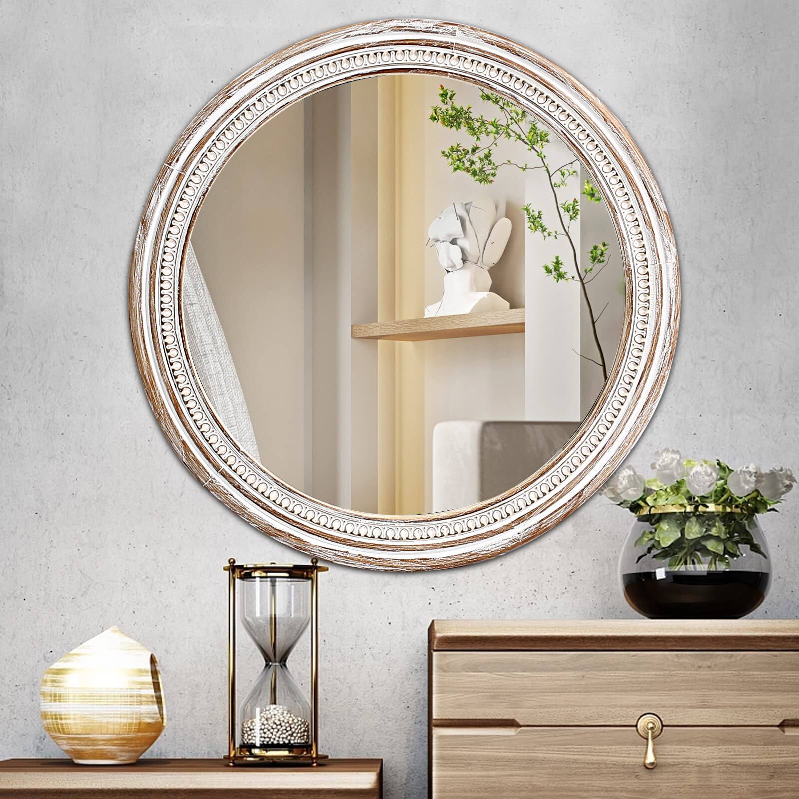 Cedar Assembly - Arched Window Wall Mirrors With Grids Farmhouse Wooden Arch Mirror For Dresser Bedroom Stairways Entryway - Circle 30 in