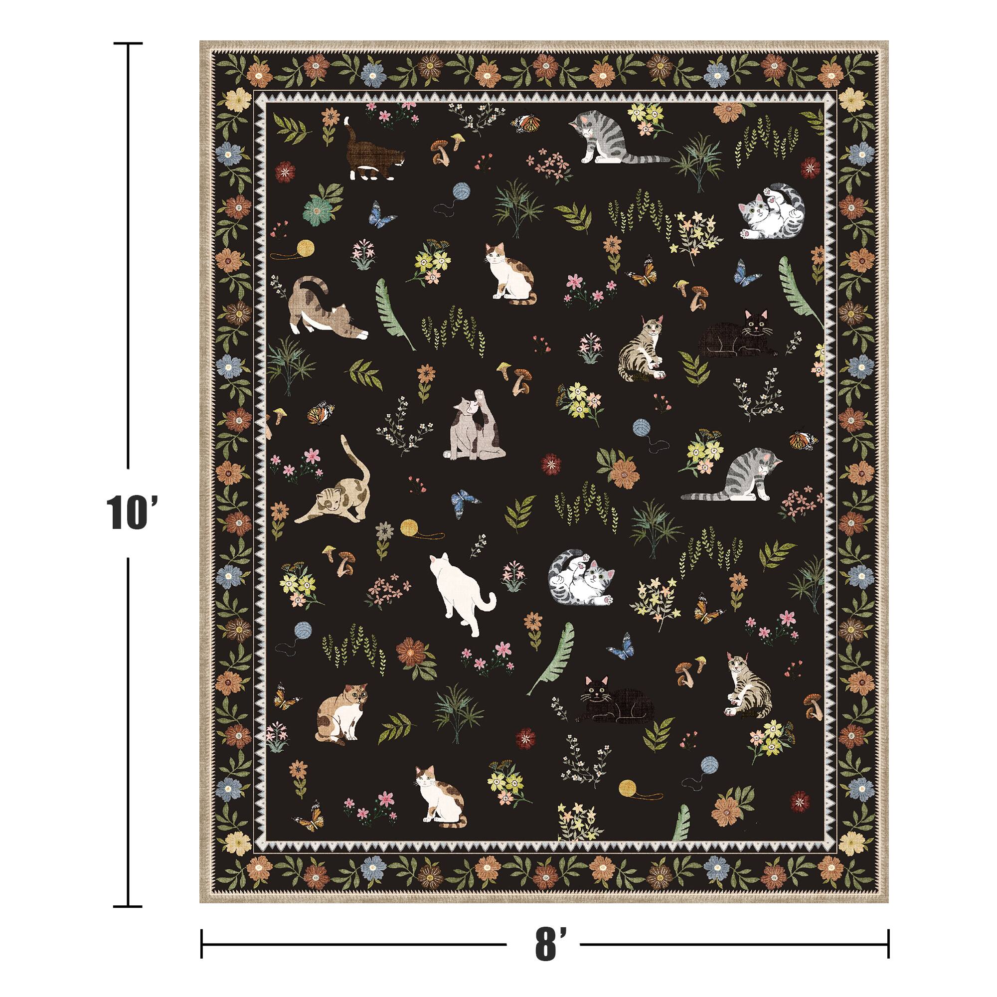 Alt View 1. KERDOM - 8x10' Extra Large Area Rug, Cat-Themed Floral Carpet for Living Room & Master Bedroom, Rubber Backing, Machine Washable - Black.