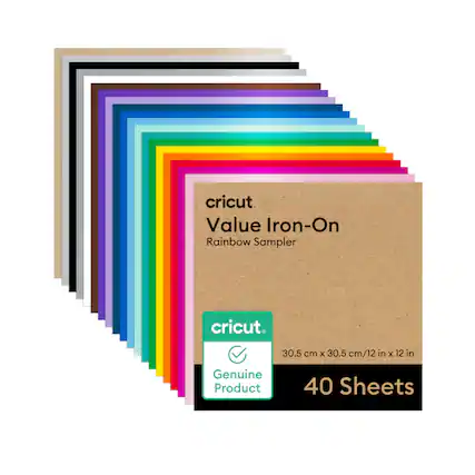 cricut Value Iron-On
Rainbow Sampler
30.5 cm x 30.5 cm / 12 in x 12 in
40 Sheets
Genuine Product