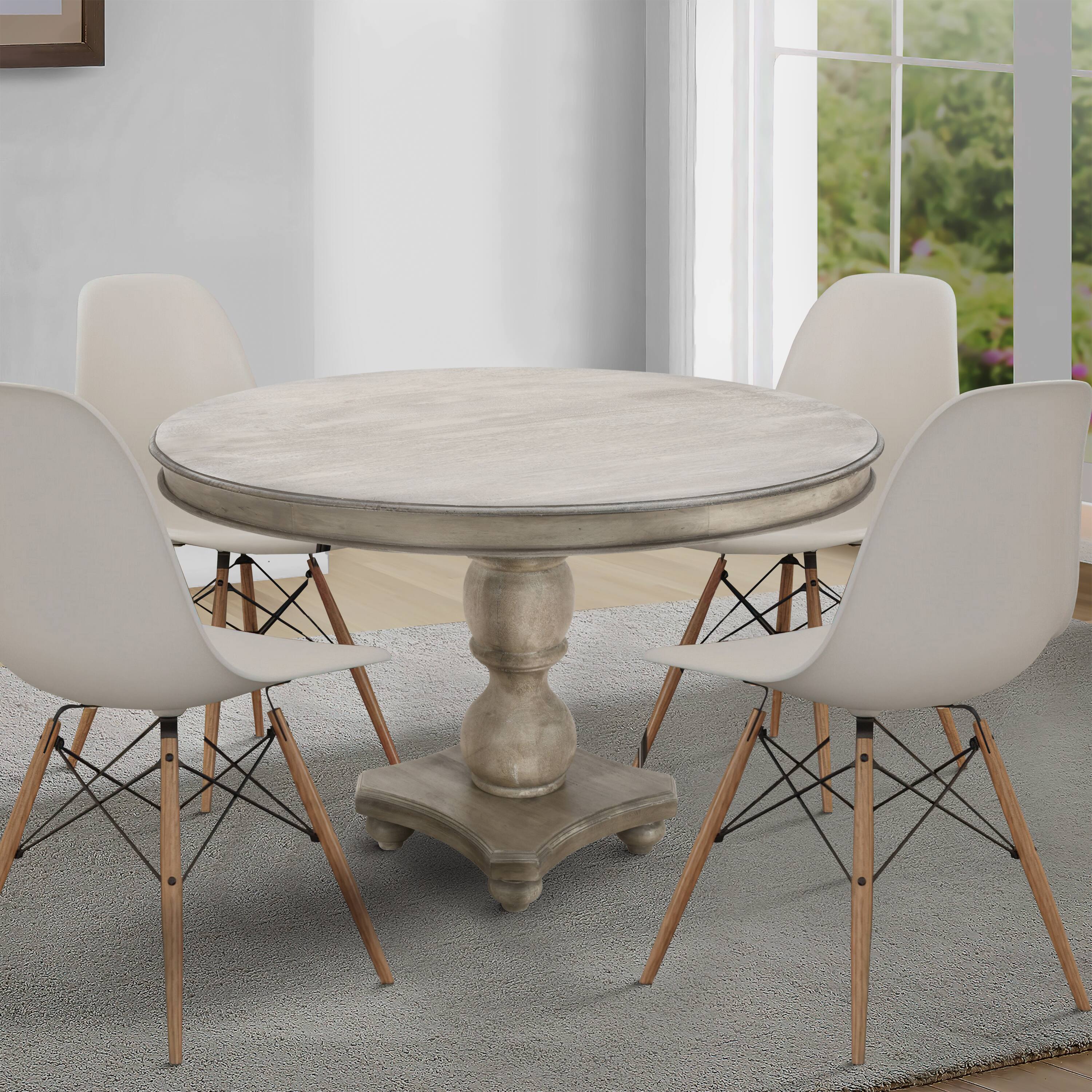 Alt View 7. Manhattan Lane - 42 Inch Handcrafted Mango Wood Dining Table, Pedestal Base, Round Molded Top - Washed White and Gray.