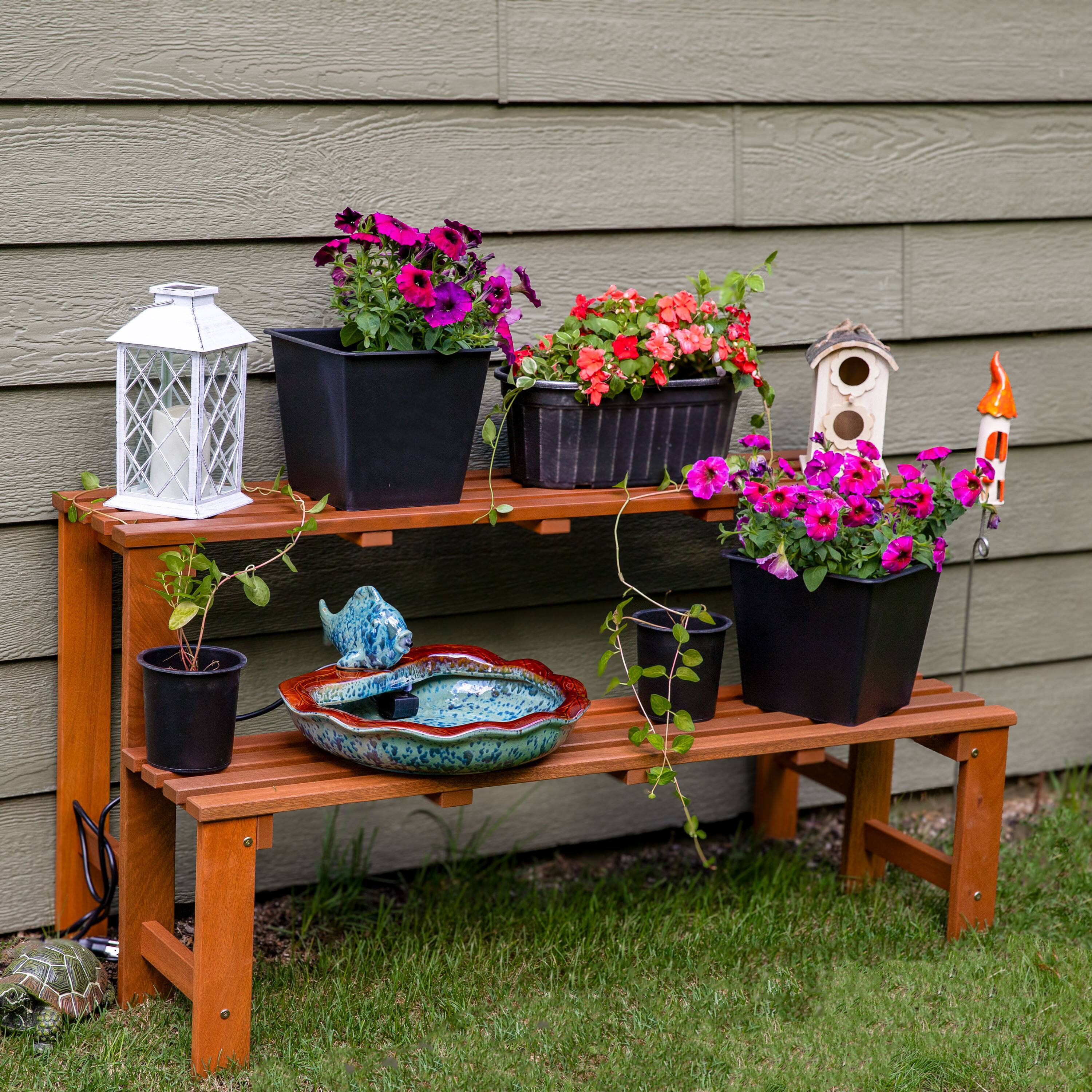 Alt View 1. Sunnydaze - 2-Tier Meranti Wood Plant Stand with Teak Oil Finish - 24 in - Brown.