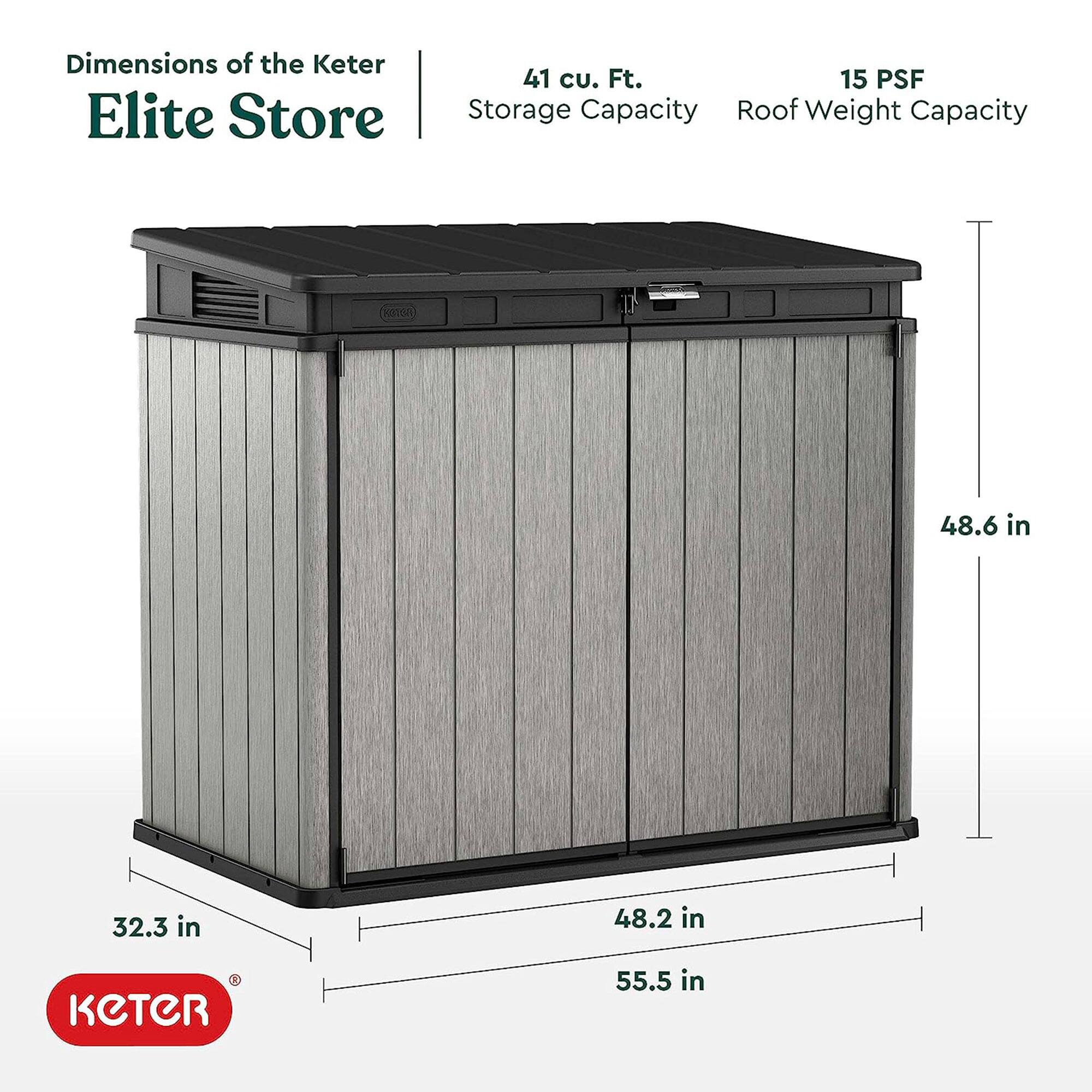 Dimensions of the Keter Elite Store

- Storage Capacity: 41 cu. Ft.
- Roof Weight Capacity: 15 PSF

Dimensions:
- Width: 48.2 in
- Depth: 32.3 in
- Height: 55.5 in
- Roof Height: 48.6 in