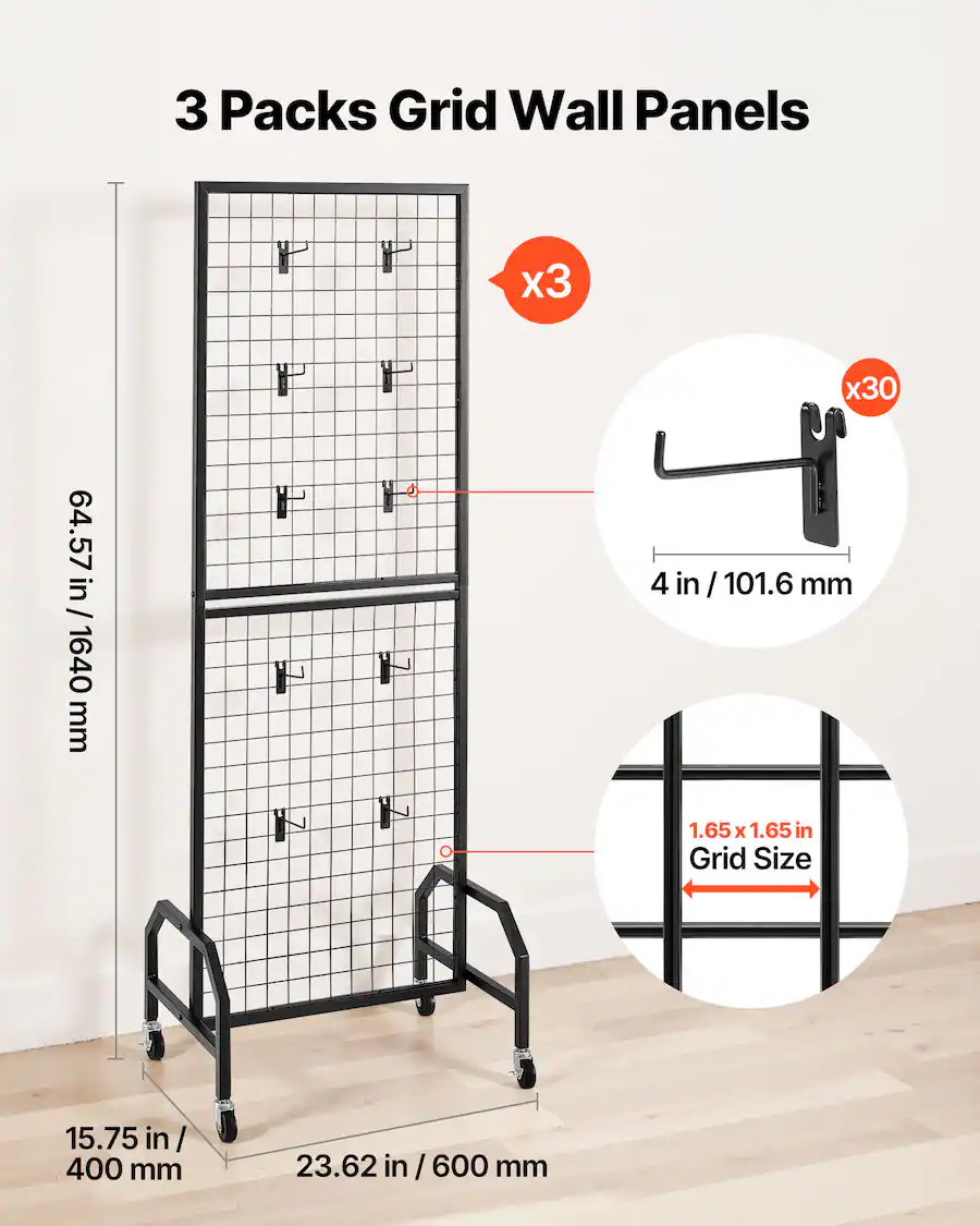 VEVOR 3 Packs Grid Wall Panels, 1.9 x 5.4 ft Wire Grid Panels Display ...