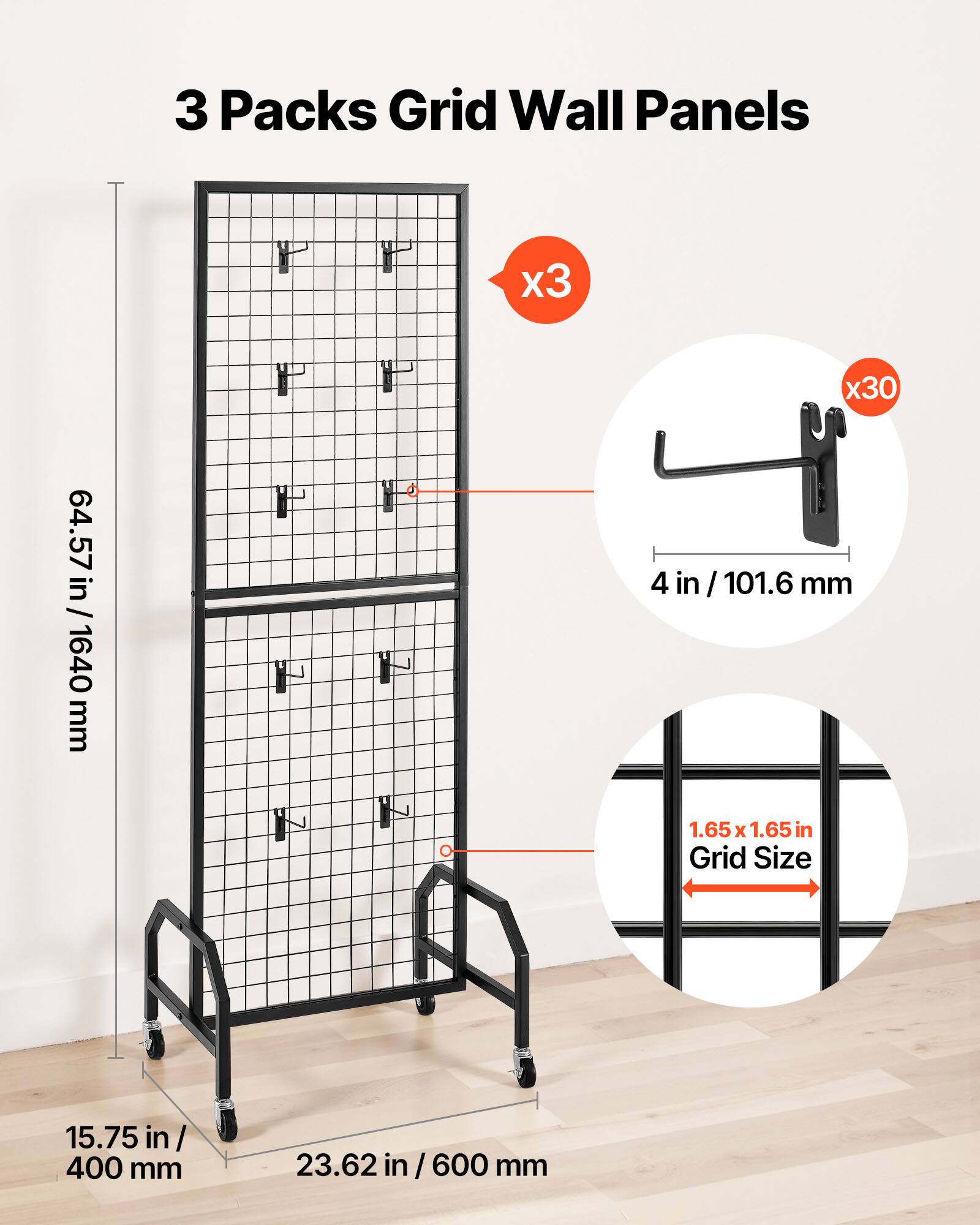 3 Packs Grid Wall Panels

- Height: 64.57 in / 1640 mm
- Width: 23.62 in / 600 mm
- Depth: 15.75 in / 400 mm
- Grid Size: 1.65 x 1.65 in
- Arm Length: 4 in / 101.6 mm
- Quantity: x3
- Hooks: x30