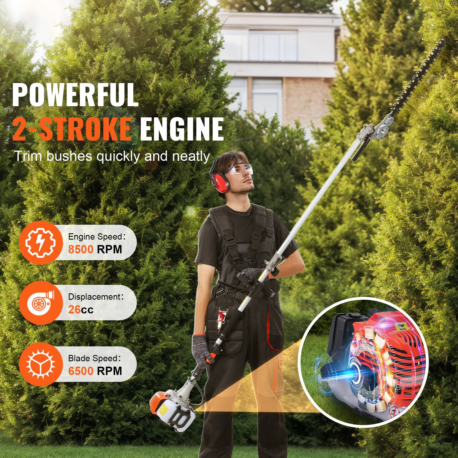 POWERFUL 2-STROKE ENGINE  
Trim bushes quickly and neatly  

Engine Speed: 8500 RPM  
Displacement: 26cc  
Blade Speed: 6500 RPM
