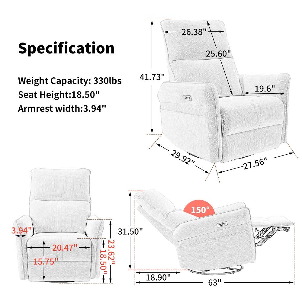 Specification

Weight Capacity: 330lbs  
Seat Height: 18.50"  
Armrest width: 3.94"  

- 26.38"  
- 25.60"  
- 19.6"  
- 29.92"  
- 27.56"  
- 150°  
- 3.94"  
- 20.47"  
- 15.75"  
- 31.50"  
- 23.62"  
- 18.90"  
- 63"