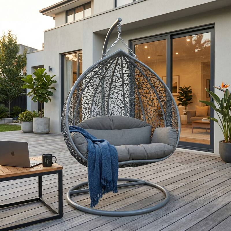 Left. LeisureMod - Recluse Teardrop Grey Wicker Hanging Egg Chair - Modern Indoor Outdoor Swing with Stand & Quick-Dry Cushion - Graphite Grey.