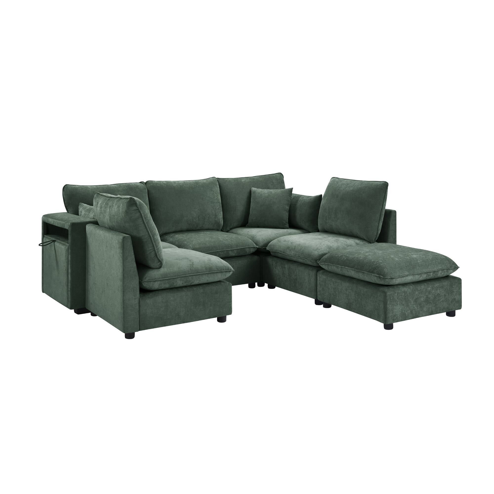 Alt View 2. Whisen - Modular Sectional Sofa U-Shaped Couch with Ottoman, Storage Armrests and USB Ports - Green.