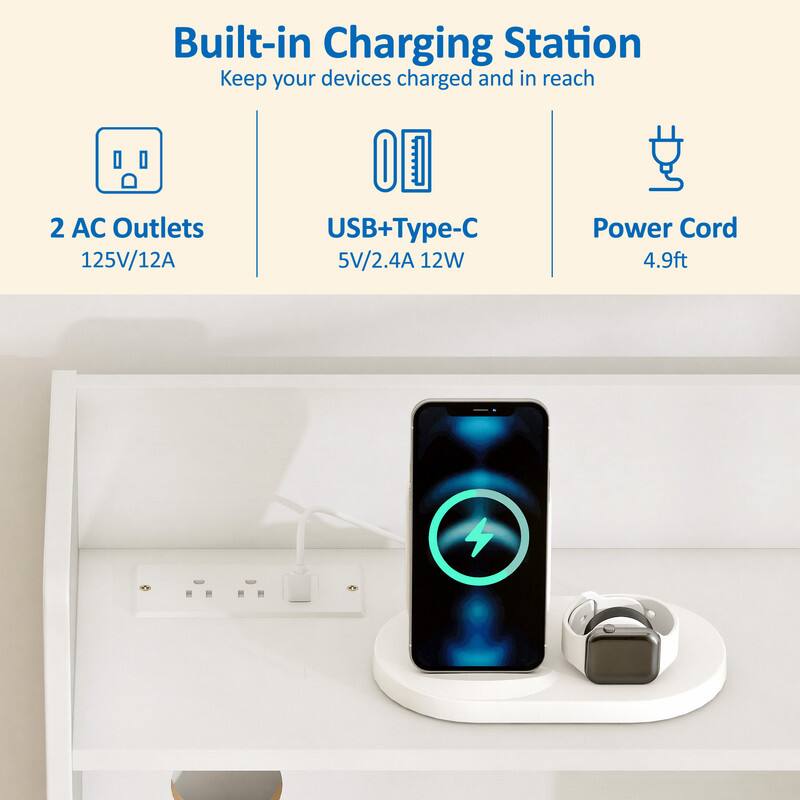 Built-in Charging Station  
Keep your devices charged and in reach  

2 AC Outlets  
125V/12A  

USB+Type-C  
5V/2.4A 12W  

Power Cord  
4.9ft