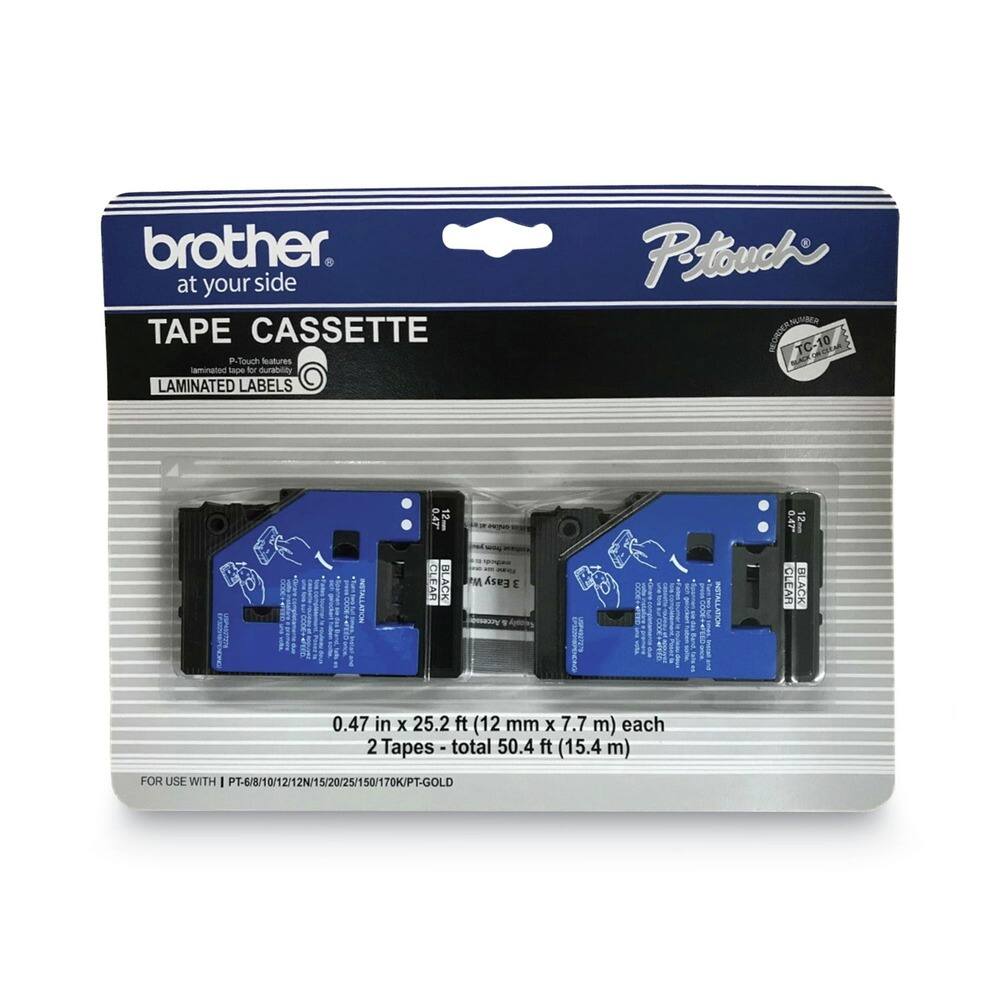 brother  
at your side  

TAPE CASSETTE  
P-touch Features  
LAMINATED LABELS  

TC-10  

0.47 in x 25.2 ft (12 mm x 7.7 m) each  
2 Tapes - total 50.4 ft (15.4 m)  

FOR USE WITH | PT-6/8/10/12/12N/15/20/25/150/170K/PT-GOLD