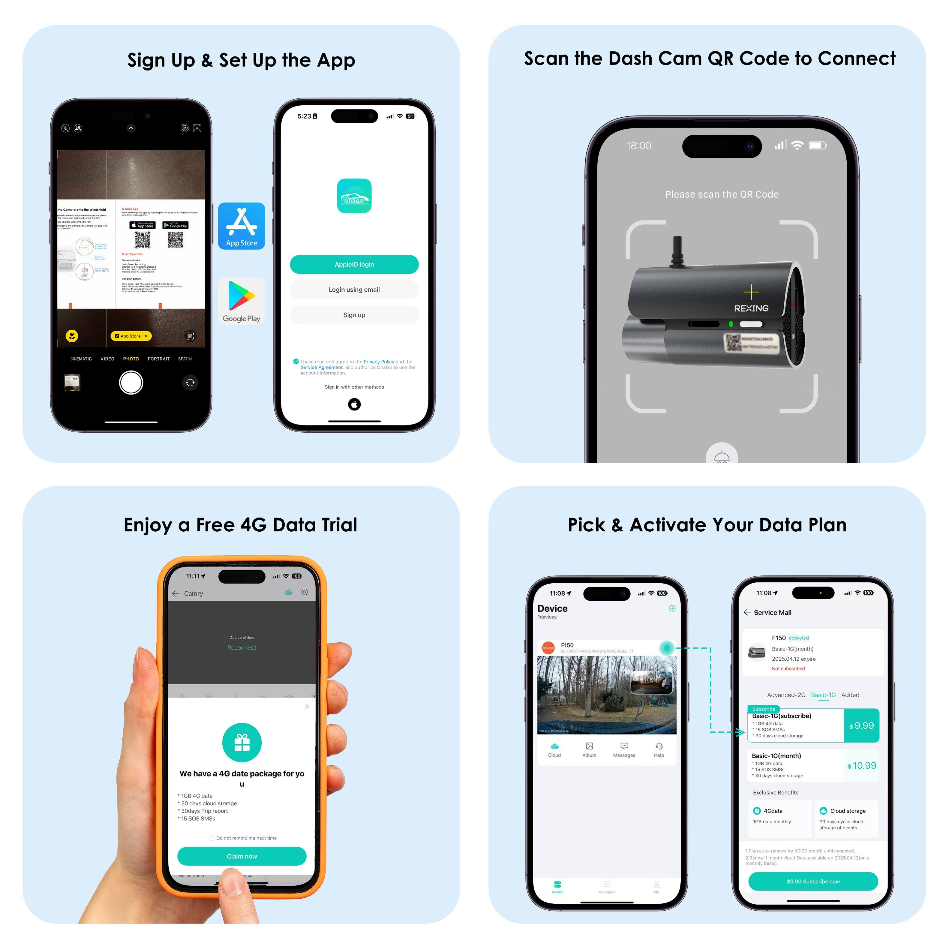 Group 1:

* Sign Up & Set Up the App
* Scan the Dash Cam QR Code to Connect

Group 2:

* Enjoy a Free 4G Data Trial
* Pick & Activate Your Data Plan

Group 3:

* Can't Wait? Buy a New Device & Service Plan
* Don't Want to Wait? Buy a New Device & Service Plan

Group 4:

* Switch to AT&T & Get a Data Package
* Get a Data Package with AT&T

Group 5:

* Sign-Up for a Google Play Store Account
* Sign-Up for a Google Play Store Account