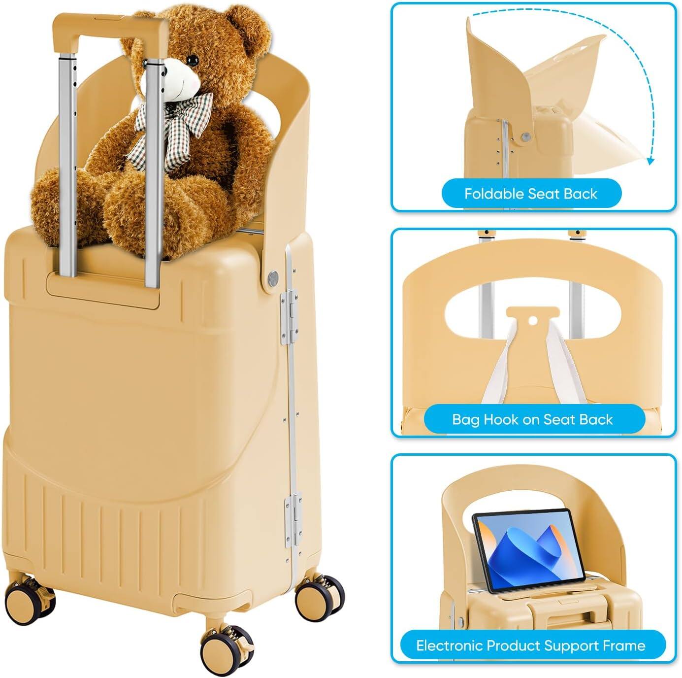 - Foldable Seat Back
- Bag Hook on Seat Back
- Electronic Product Support Frame