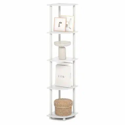 Front. Furinno - TURN-N-TUBE 5 Tier Corner Shelf, Corner Bookshelf, Display Shelf for Living Room, Bedroom - Plain White.