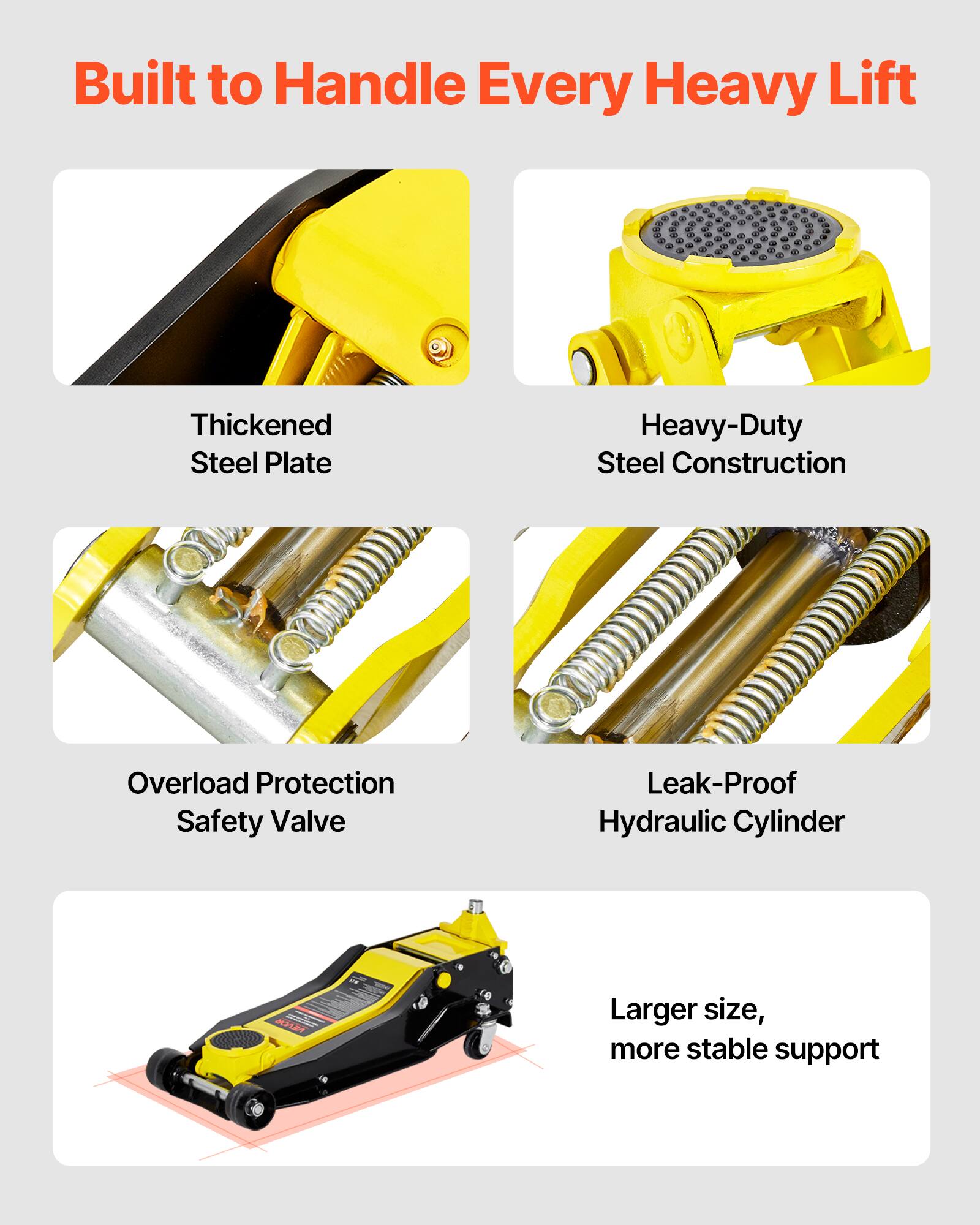 Built to Handle Every Heavy Lift

- Thickened Steel Plate
- Heavy-Duty Steel Construction
- Overload Protection Safety Valve
- Leak-Proof Hydraulic Cylinder
- Larger size, more stable support