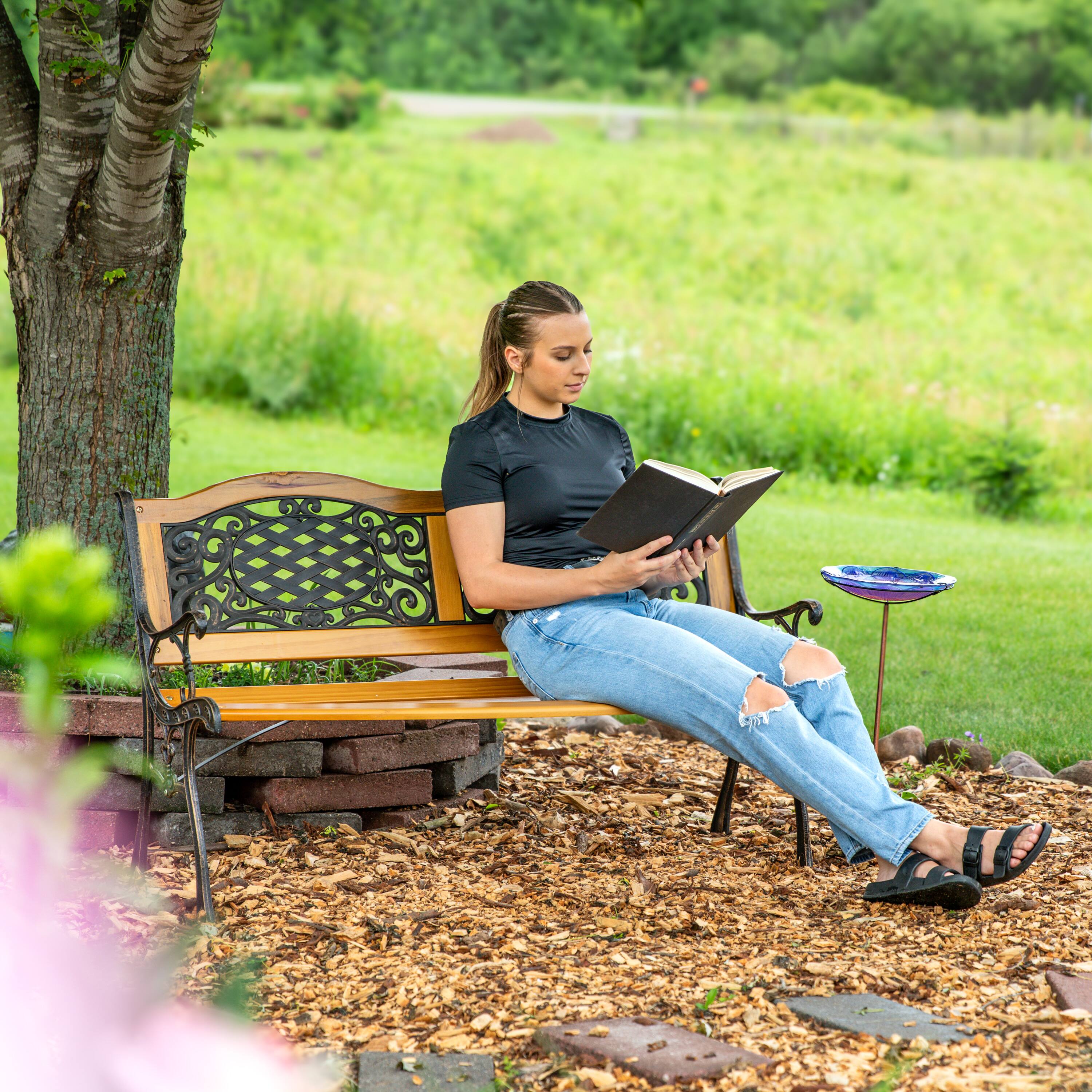 Alt View 8. Sunnydaze - 2-Person Ivy Crossweave Cast Iron and Wood Outdoor Garden Bench - Black.