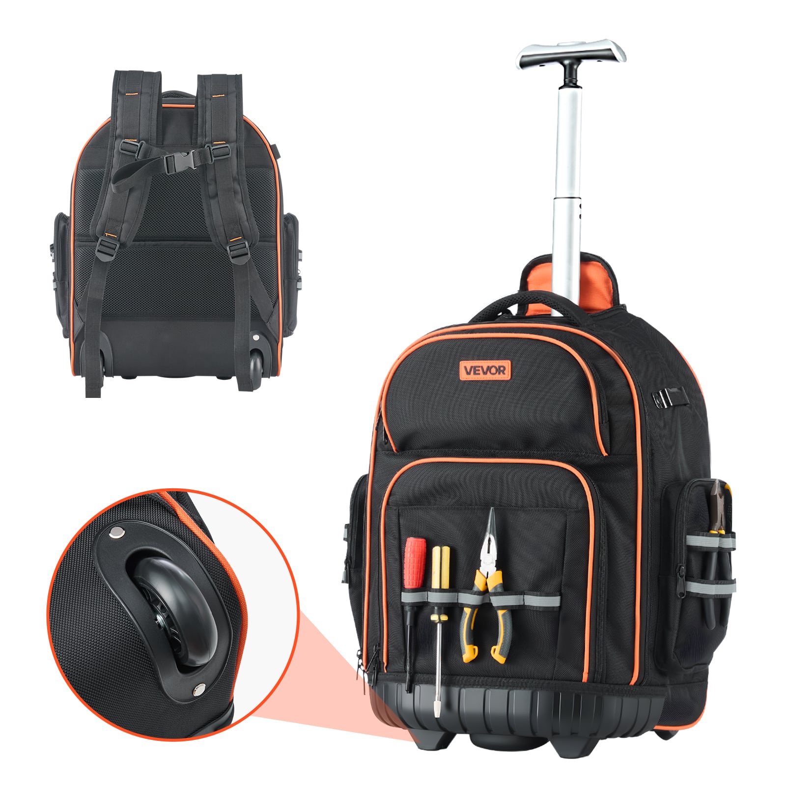 Front. VEVOR - Rolling Tool Backpack, 110 lbs Load Capacity, 45 Pockets Heavy Duty Roller Tool Bag on Wheels - Black-Orange Exterior + Orange Interior.