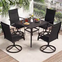 Costway - 5PCS Outdoor Dining Set, 4 Swivel Chairs & Square Patio Table with Umbrella Hole - Black