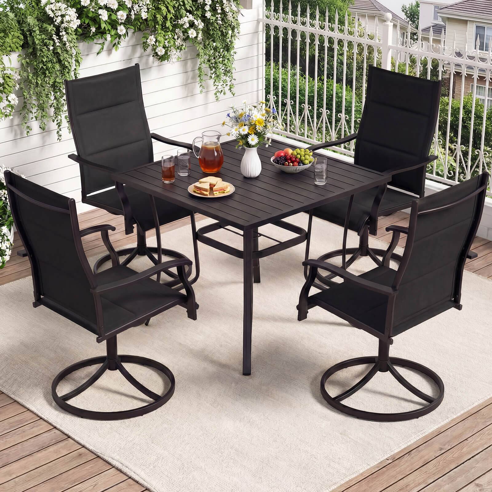Alt View 1. Costway - Costway 5PCS Outdoor Dining Set, 4 Swivel Chairs & Square Patio Table with Umbrella Hole - Black.