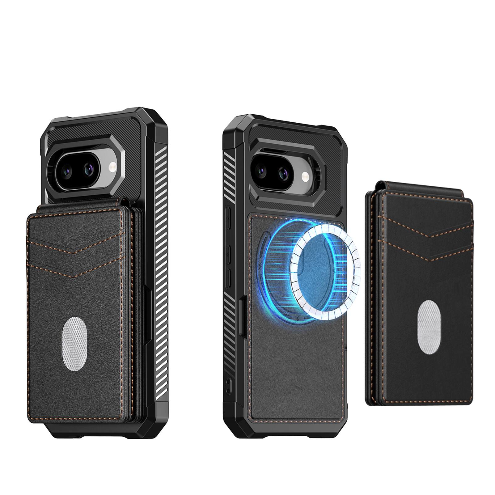 Angle. Dteck - For Google Pixel 10a 2-in-1 Magnetic Leather Flip Stand Wallet Case RFID Blocking Detachable Card Holder - Black.