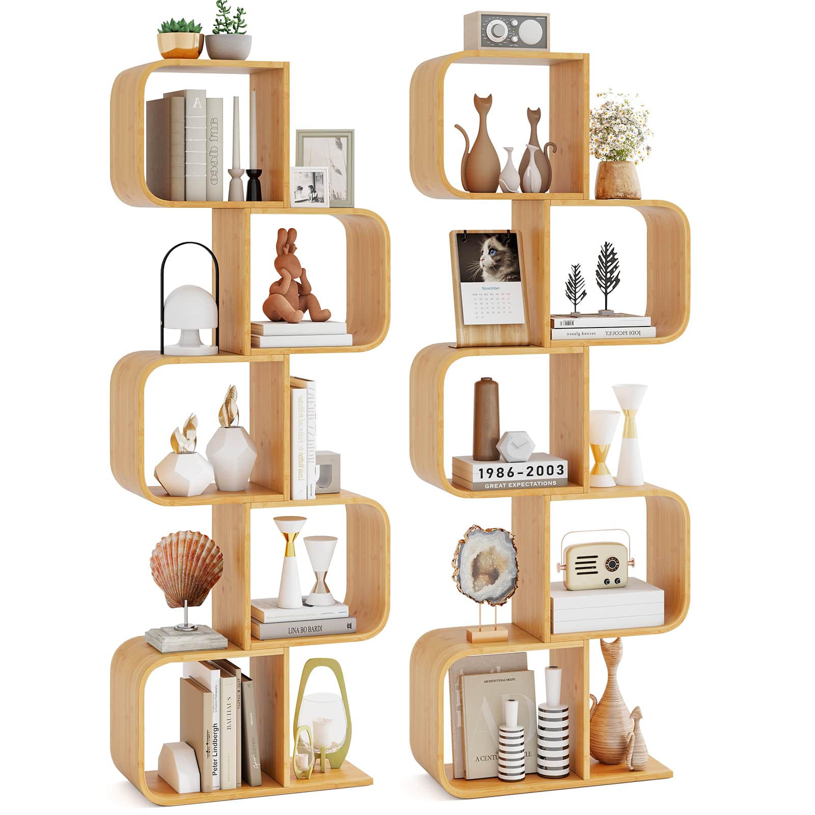 Gymax - 2PCS 5-Tier S-Shaped Bookcase w/ 5 Open Cubes Geometric Corner Display Shelf - Yellow