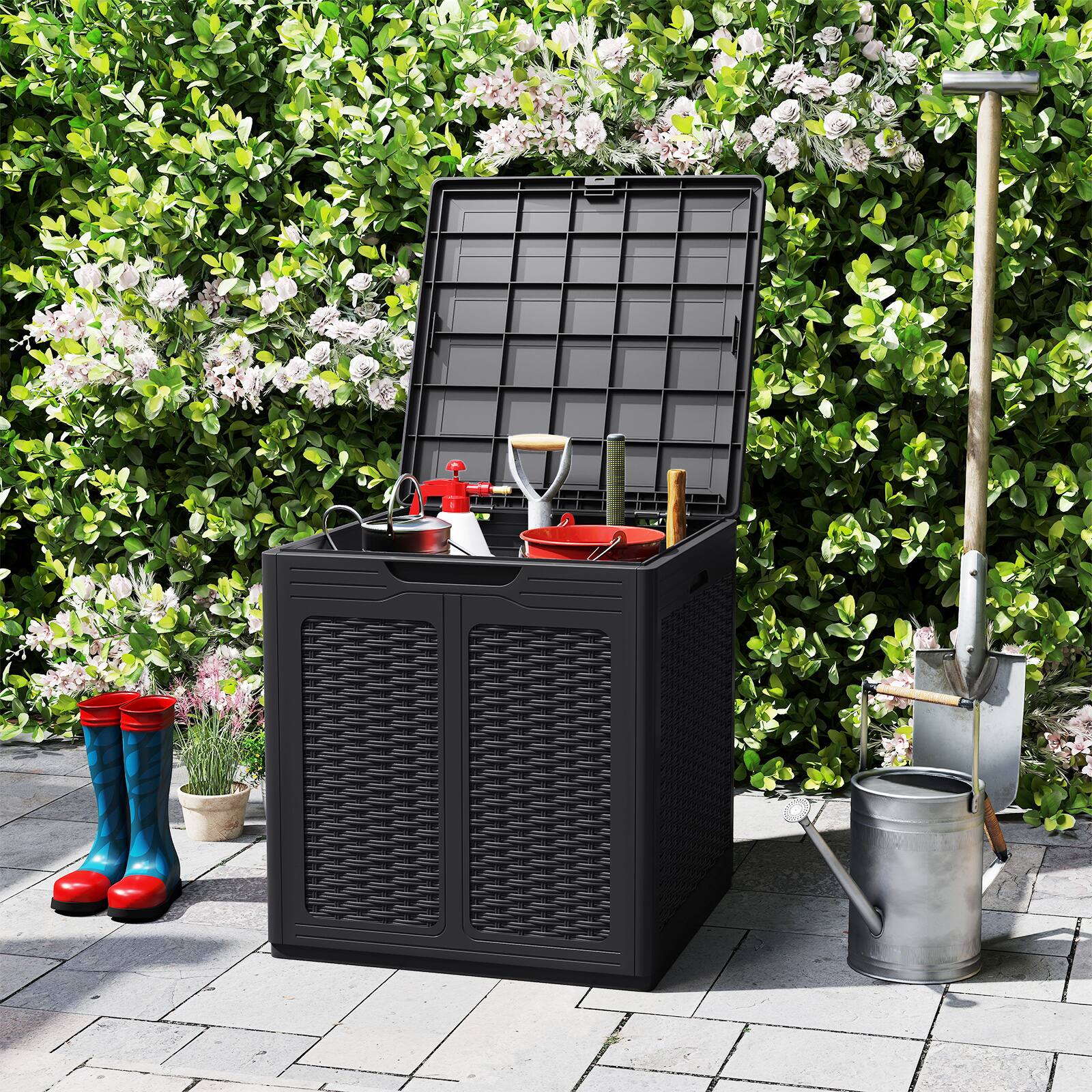 Alt View 3. Costway - Costway 39 Gallon Outdoor Storage Box with Rattan Patterns & Lockable Lid for Garden Tools - Black.