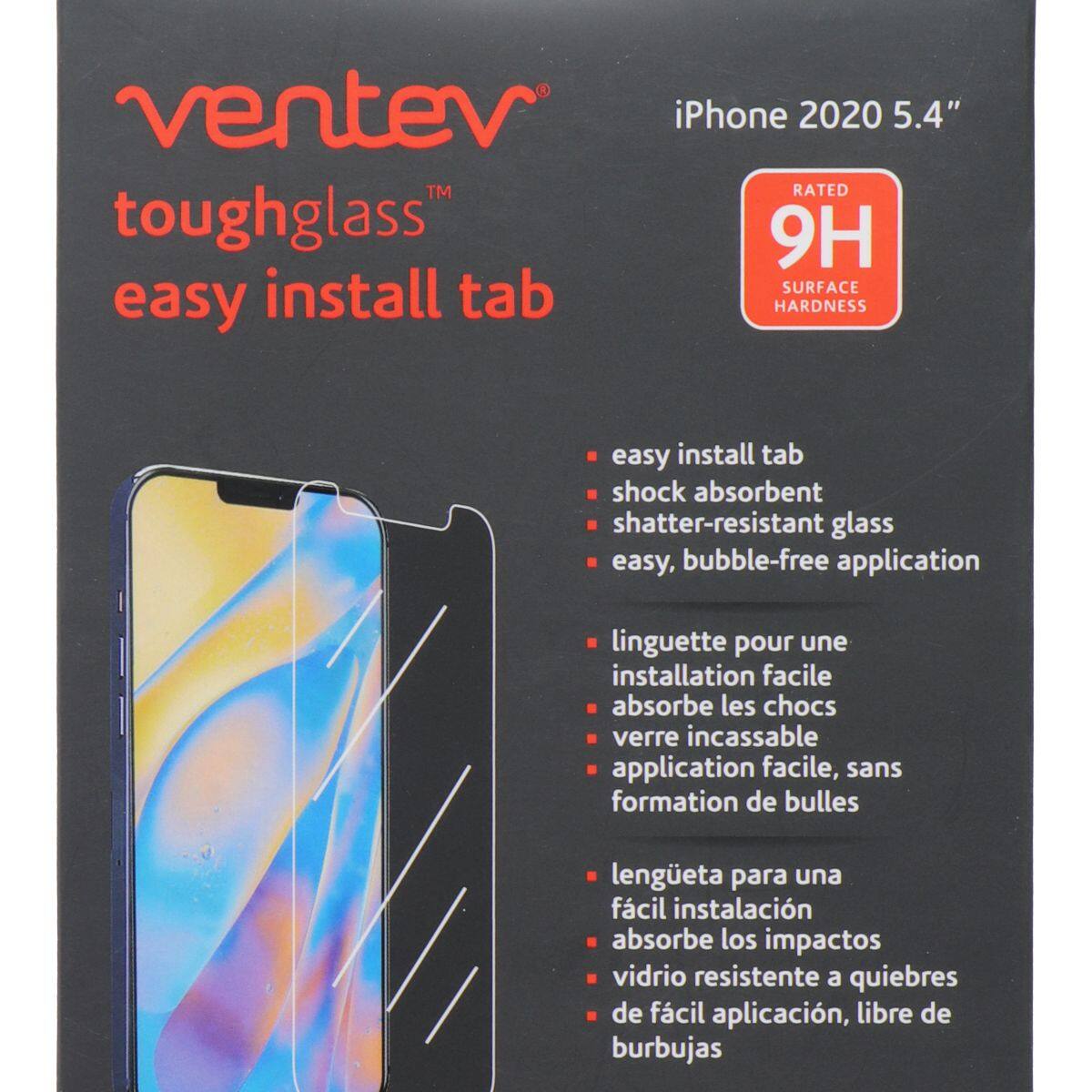 ventev iPhone 2020 5.4" TM RATED toughglass 9H install tab SURFACE HARDNESS easy, bubble-free application linguette pour une installation facile absorbe les chocs verre incassable application facile, sans formation de bulles lengeta para una fácil instalación absorbe los impactos vidrio resistente a quiebres de fácil aplicación, libre de burbujas