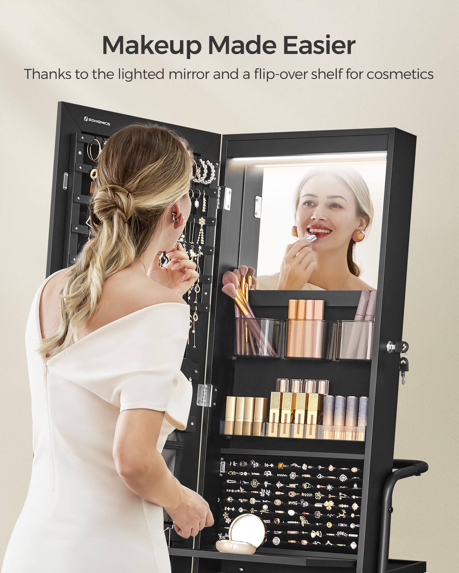 Makeup Made Easier

Thanks to the lighted mirror and a flip-over shelf for cosmetics