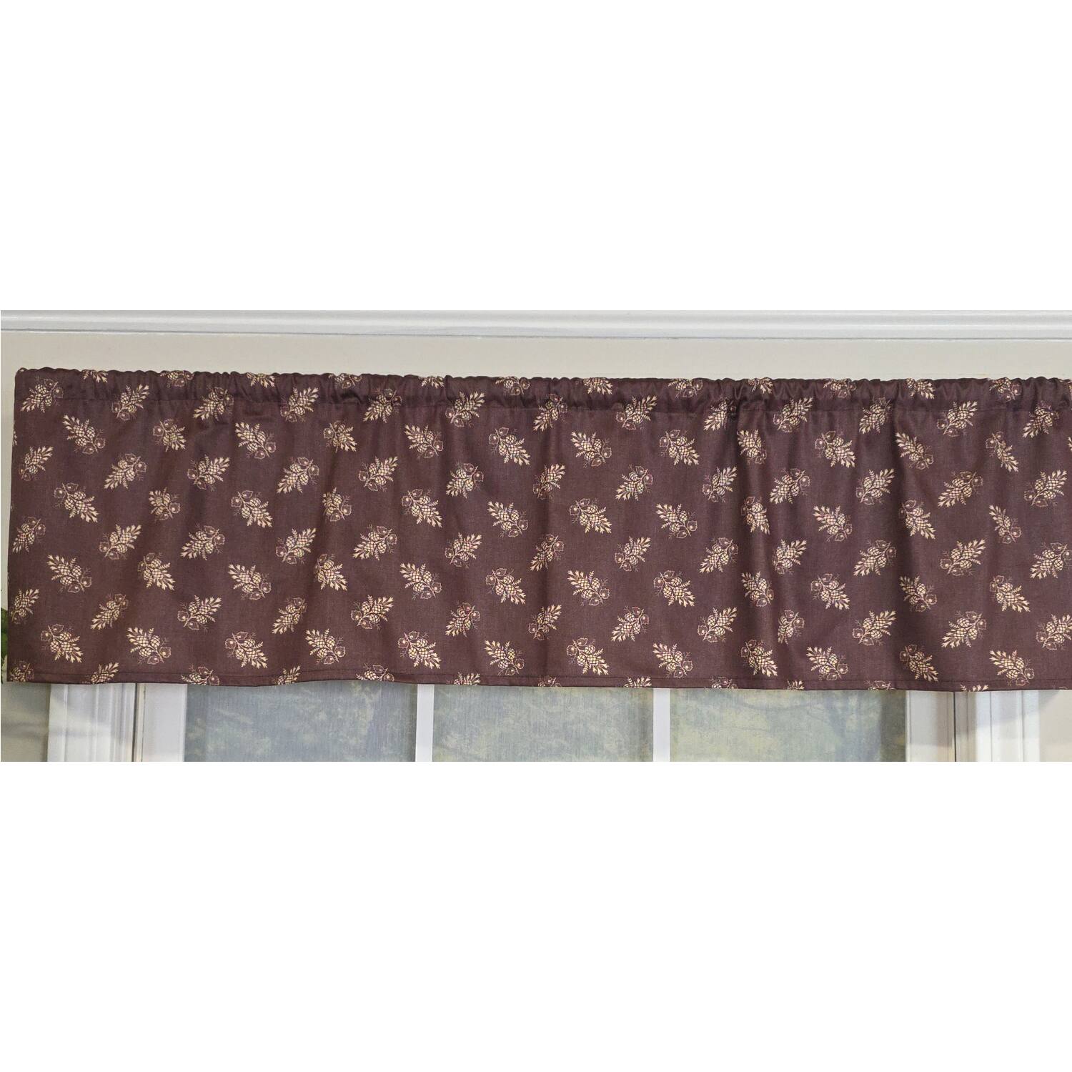 Left. RLF Home - RLF Home 100% Cotton Pine Cones Tailored   Unlined Windows Rod Pocket Valance 51" x 12"  Egg Plant - Egg Plant.