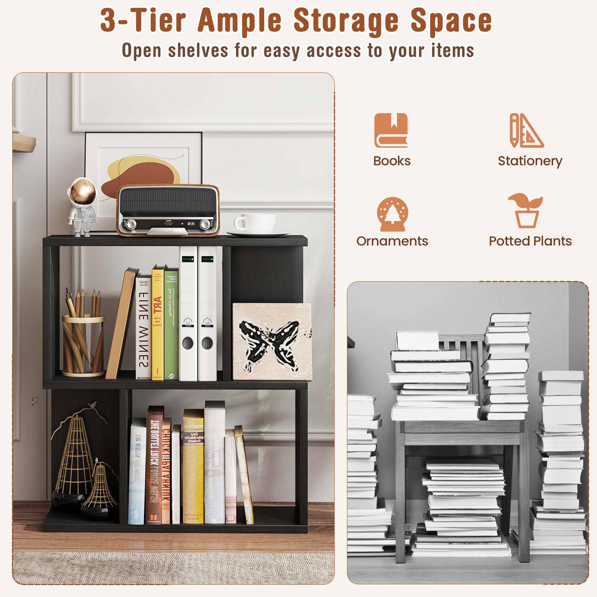 The image features a three-tiered storage space with open shelves, providing easy access to various items. The storage space contains books, stationery, ornaments, potted plants, and fine wines. The items are organized in a way that makes it easy to find and access them. The storage space is designed to maximize the use of vertical space, making it an efficient solution for organizing and storing a variety of items.