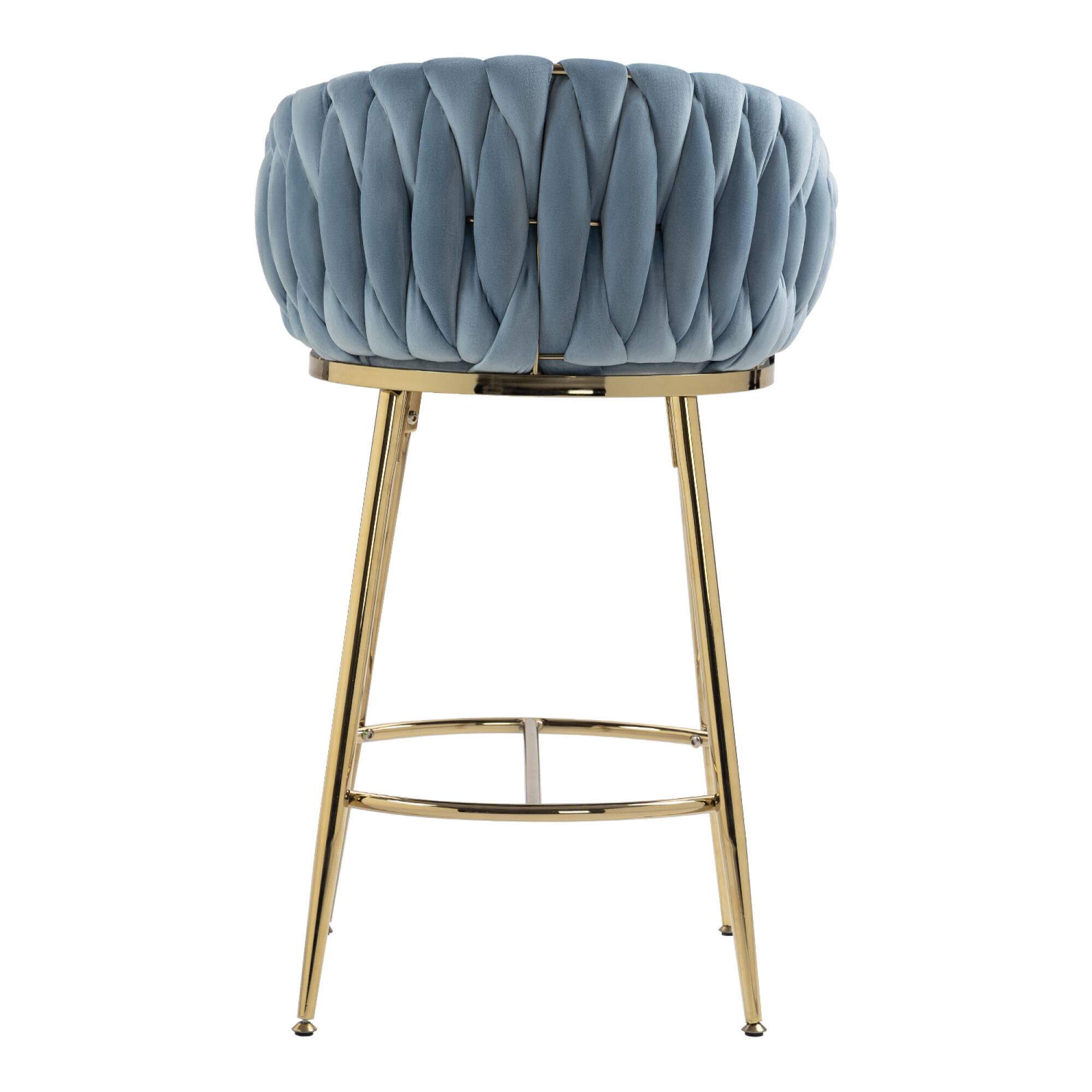 Alt View 2. GOODSILO - Set of 2 Velvet Upholstered Bar Stools with Golden Chrome Base, Counter Height Stools for Kitchen Island or Bar Seating - Blue.