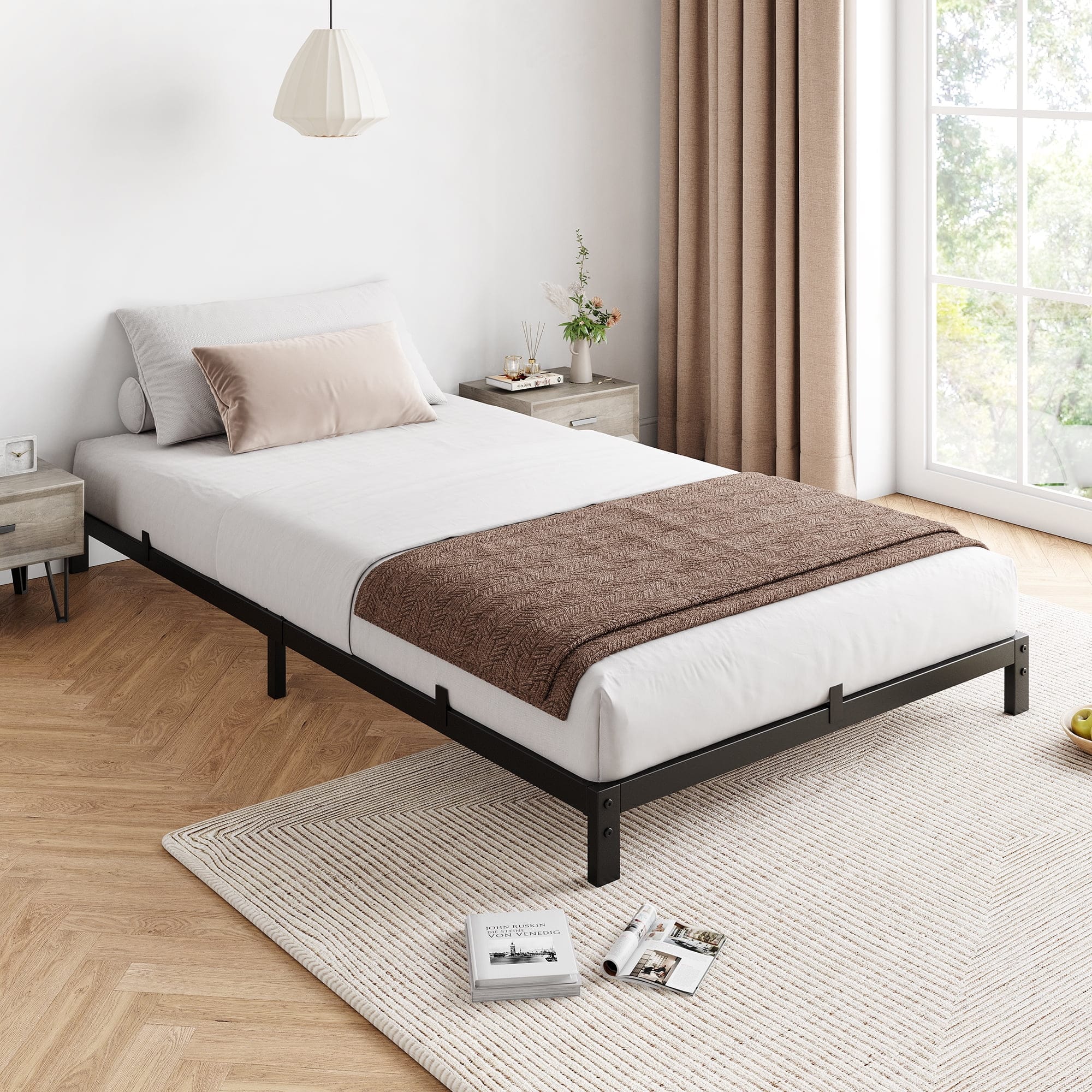 Homhougo- 6 Inch Twin Metal Platform Bed Frame, Low Profile, Black– Durable Space-Saving Bed Design- Black 6"
