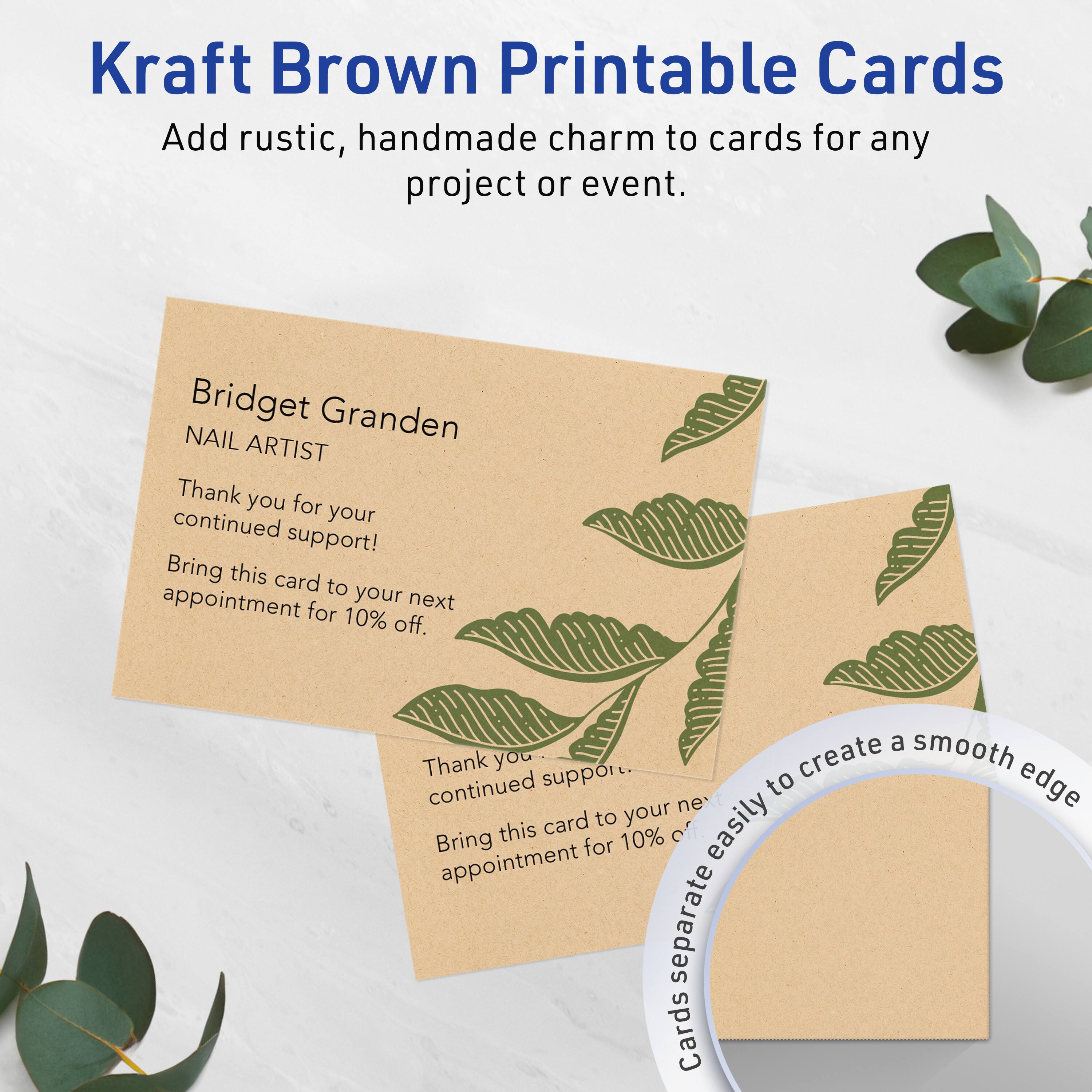 Kraft Brown Printable Cards  
Add rustic, handmade charm to cards for any project or event.

Bridget Granden  
NAIL ARTIST

Thank you for your continued support!  
Bring this card to your next appointment for 10% off.

Thank you for your continued support!  
Bring this card to your next appointment for 10% off.

Cards separate easily to create a smooth edge.