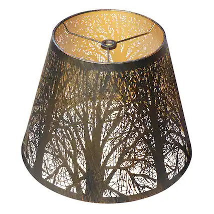 Front. Alucset - Small Metal Barrel Lamp Shade Replacement for Table and Wall Lamp - Etched Forest Design - Antique Bronze & Gold Plating - Antique Bronze & Gold.