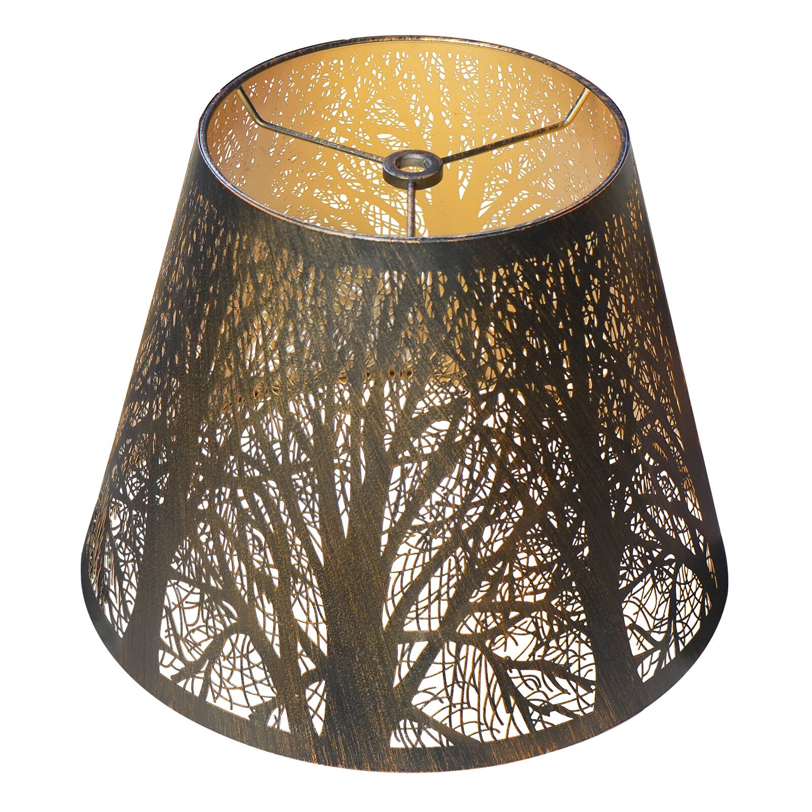 Front. Alucset - Small Metal Barrel Lamp Shade Replacement for Table and Wall Lamp - Etched Forest Design - Antique Bronze & Gold Plating - Antique Bronze & Gold.