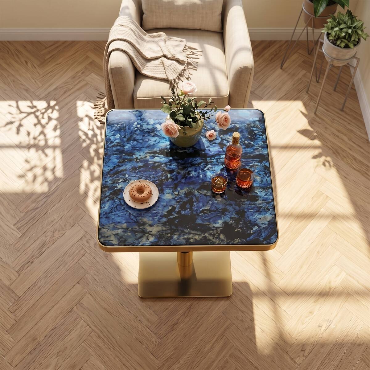 Alt View 10. Loheer - Loheer Small Square Dining Table, Blue Agate Marble Look Top with Gold Edge, 23.7-Inch Bistro Table - Black, Blue, Gold.