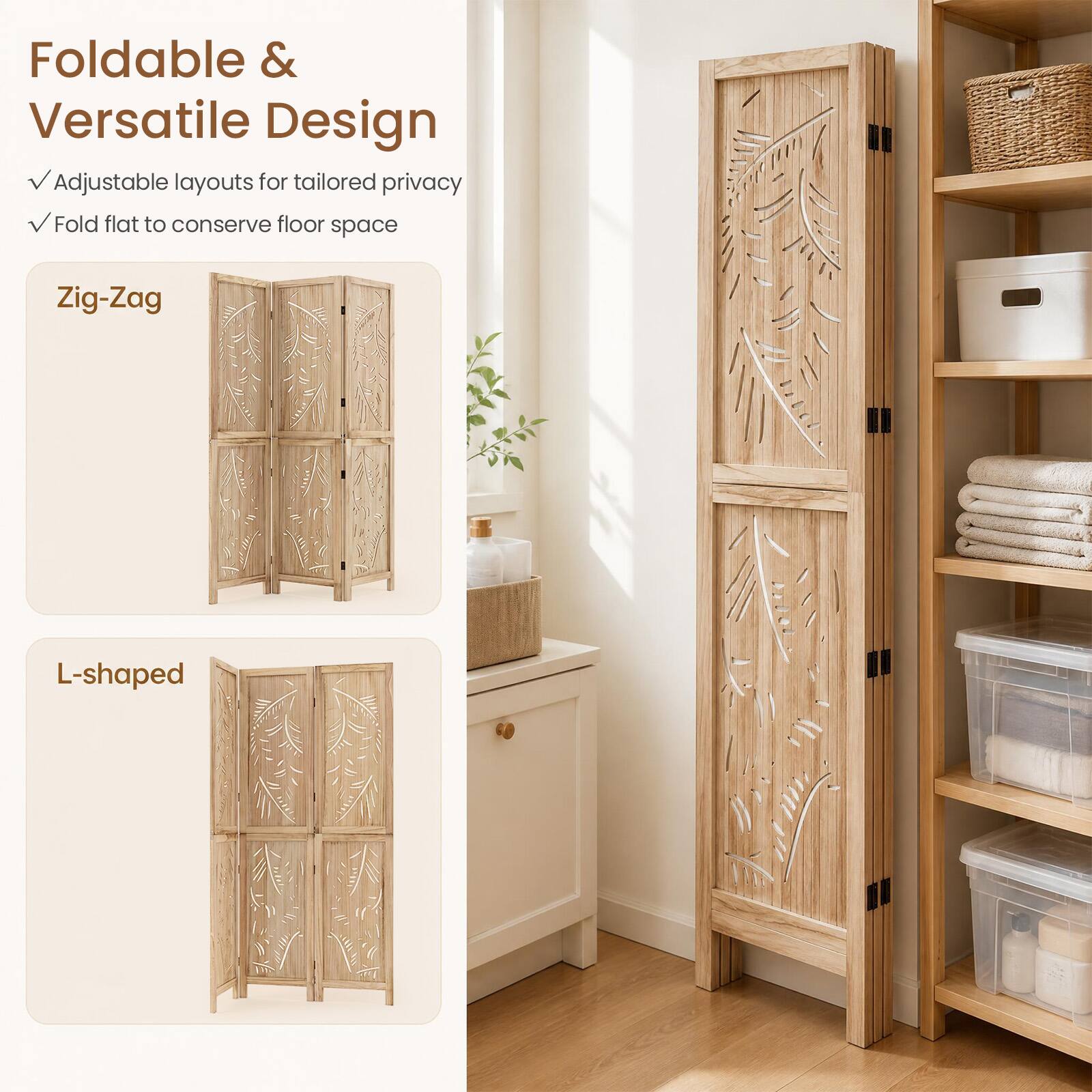 Foldable & Versatile Design  
Adjustable layouts for tailored privacy  
Fold flat to conserve floor space  

Zig-Zag  
L-shaped