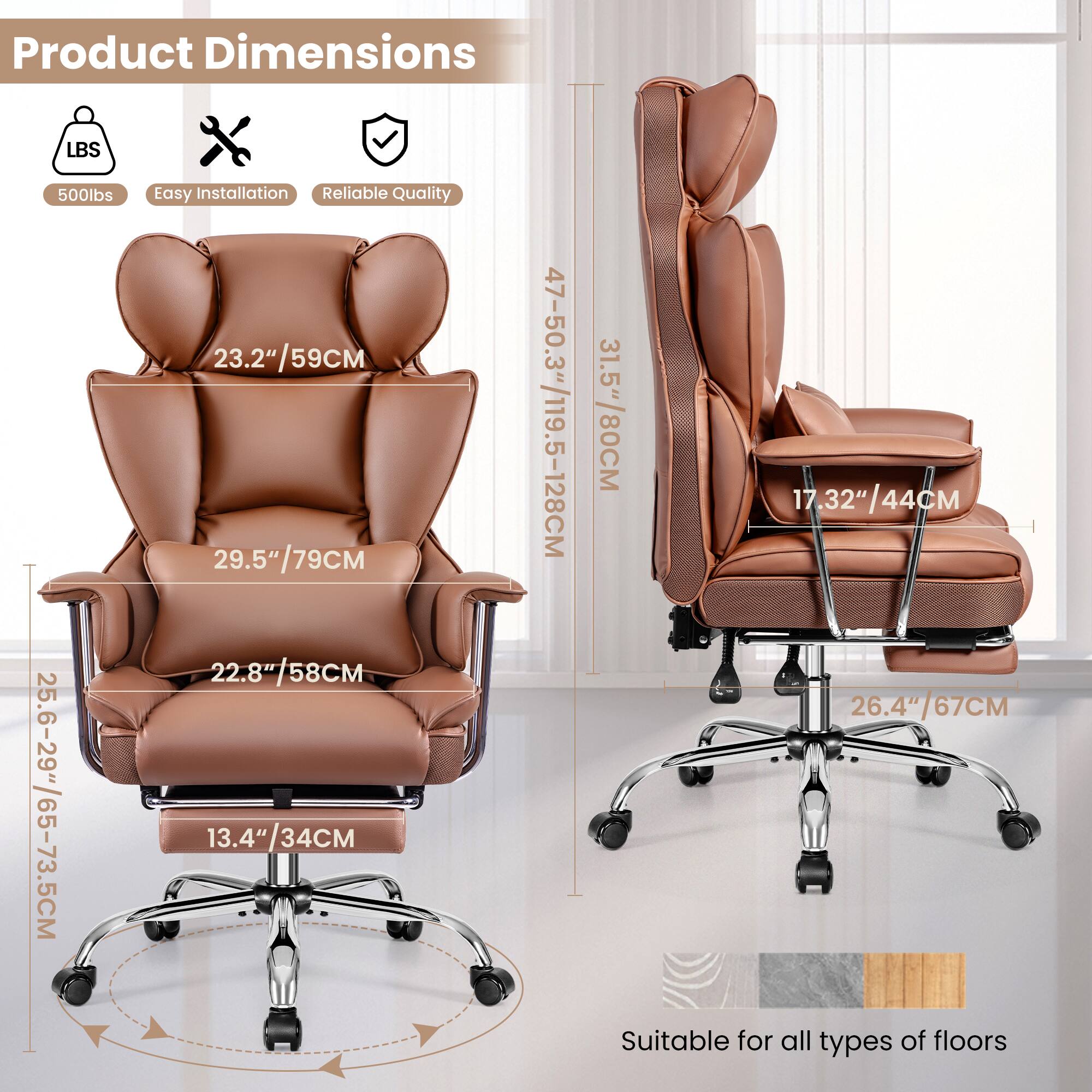 Product Dimensions

LBS 500lbs
Easy Installation
Reliable Quality

23.2"/59CM
29.5"/79CM
22.8"/58CM
13.4"/34CM
47-50.3"/119.5-128CM
31.5"/80CM
17.32"/44CM
26.4"/67CM

Suitable for all types of floors