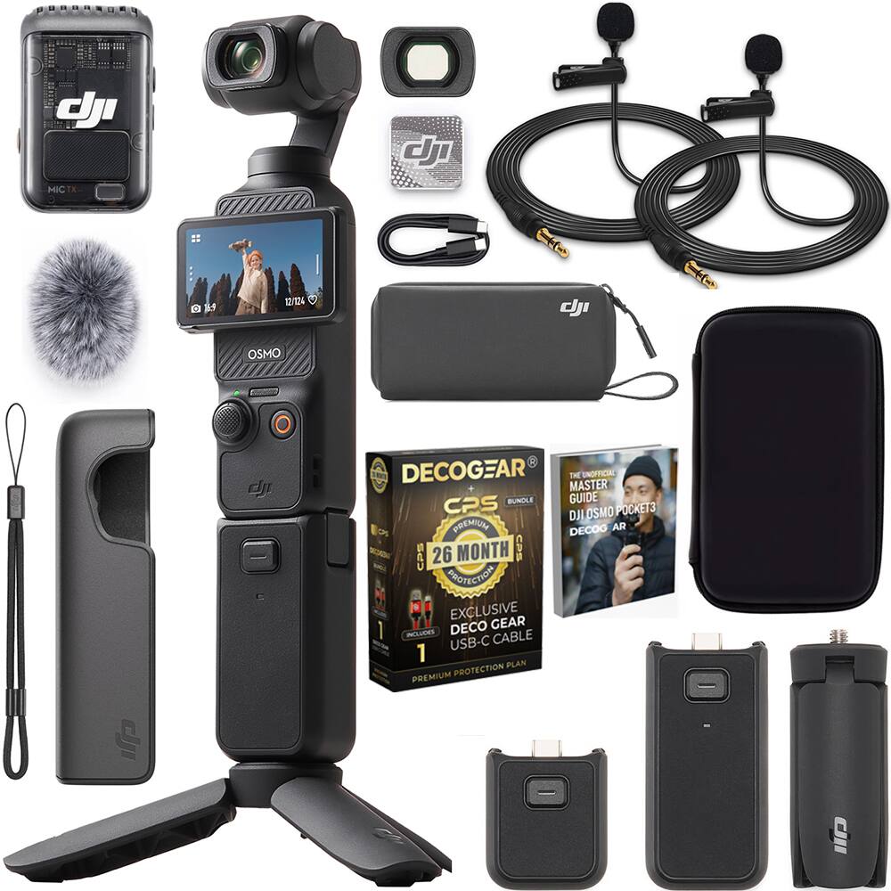 Sure, here is the corrected and grouped text from the image:

---

**DJI OSMO Pocket 3**

- **DECOGEAR**
  - THE UNOFFICIAL MASTER BUNDLE GUIDE
  - 26 MONTH PREMIUM PROTECTION PLAN
  - EXCLUSIVE DECOGEAR USB-C CABLE

- **Included Items:**
  - MIC X
  - OSMO Pocket 3
  - USB-C CABLE
  - PREMIUM PROTECTION PLAN

- **Accessories:**
  - Microphone
  - Tripod
  - Carrying Case
  - Additional Batteries
  - Charging Cable
  - Mounting Accessories

---

This text is organized to reflect the items and services included in the bundle.