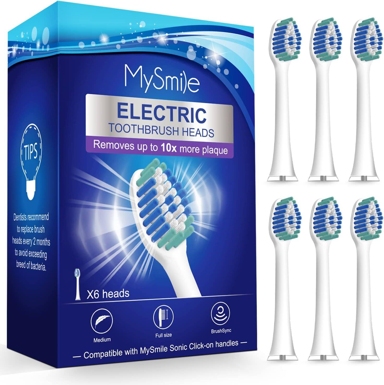 MySmile ELECTRIC TOOTHBRUSH HEADS
Removes up to 10x more plaque
Dentists recommend to replace brush heads every 2 months to avoid exceeding breed of bacteria.
X6 heads
BrushSync
Full size
Medium
Sonic
Click-on handles-
Compatible with MySmile