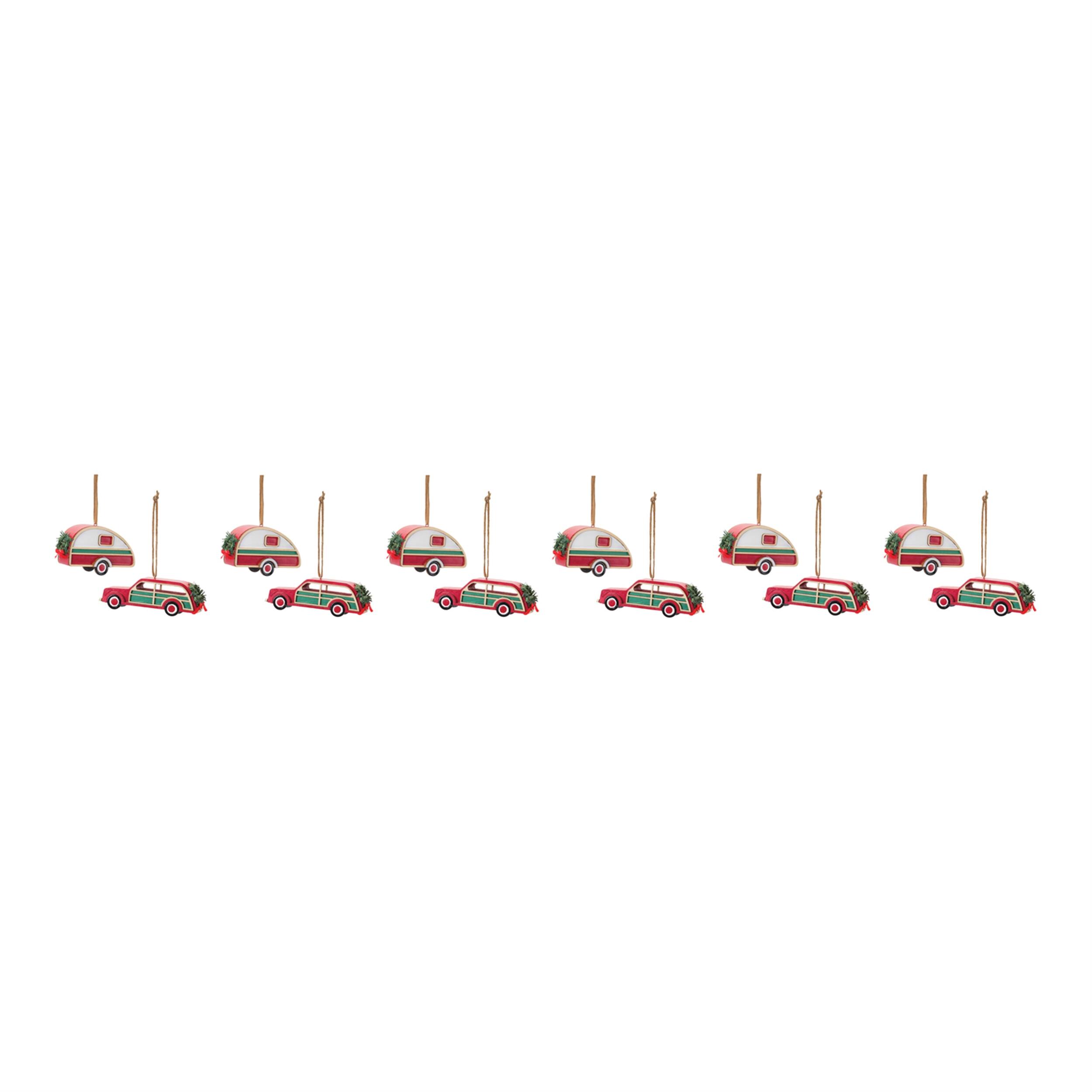 Alt View 2. BreeBe - Vintage Camper and Car Ornament (Set of 12) - Red, Green, White.