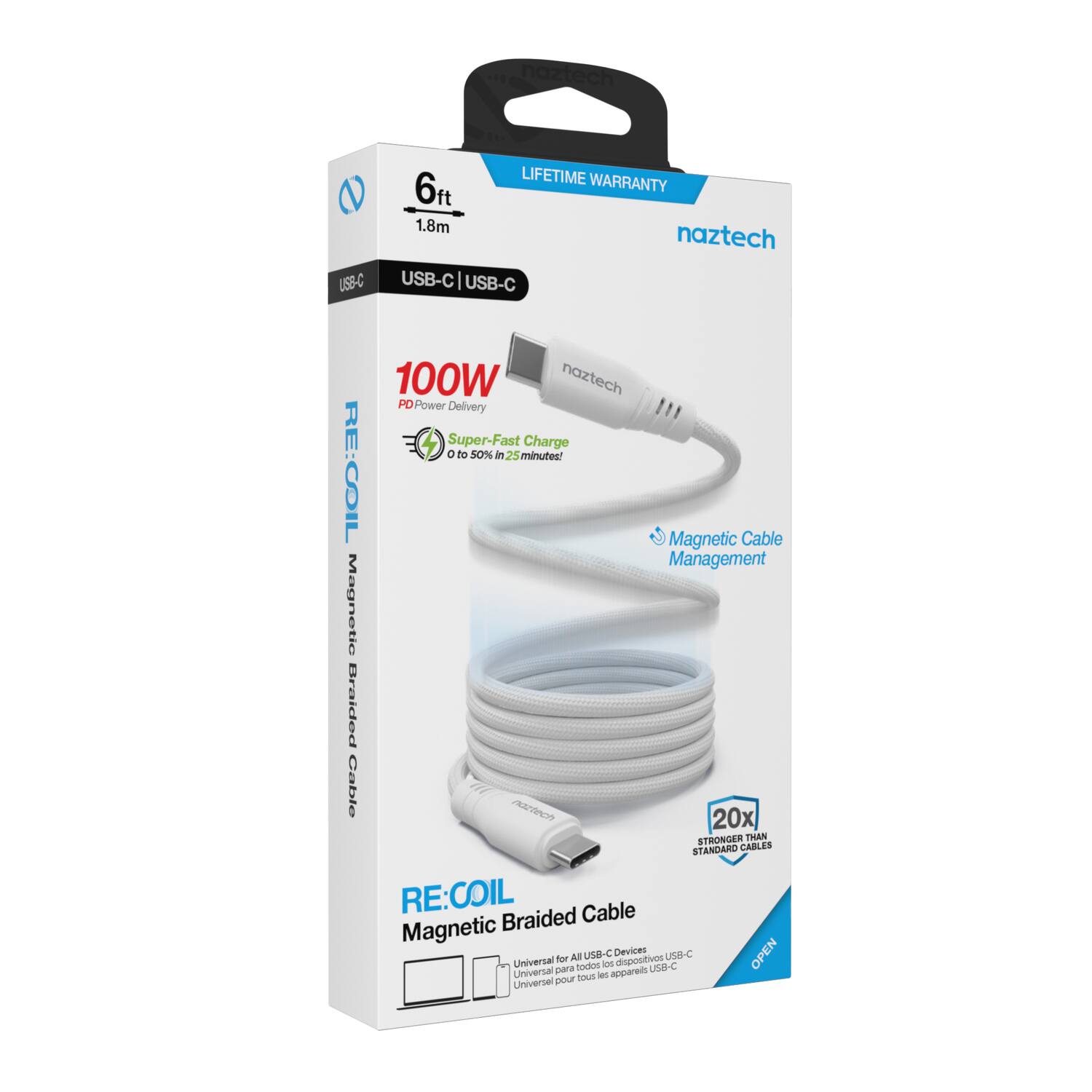 USB-C LIFETIME WARRANTY 6ft 1.8m naztech USB-C USB-C 100W naztech PD Power Delivery Super-Fast Charge O to 50% in 25 minutes! RE:COIL Magnetic Cable Management Magnetic Braided Cable RAZAA 20x STRONGER THAN STANDARD CABLES RE:COIL Cable Magnetic Braided All USB-C Devices UNIVERSAL for all devices
