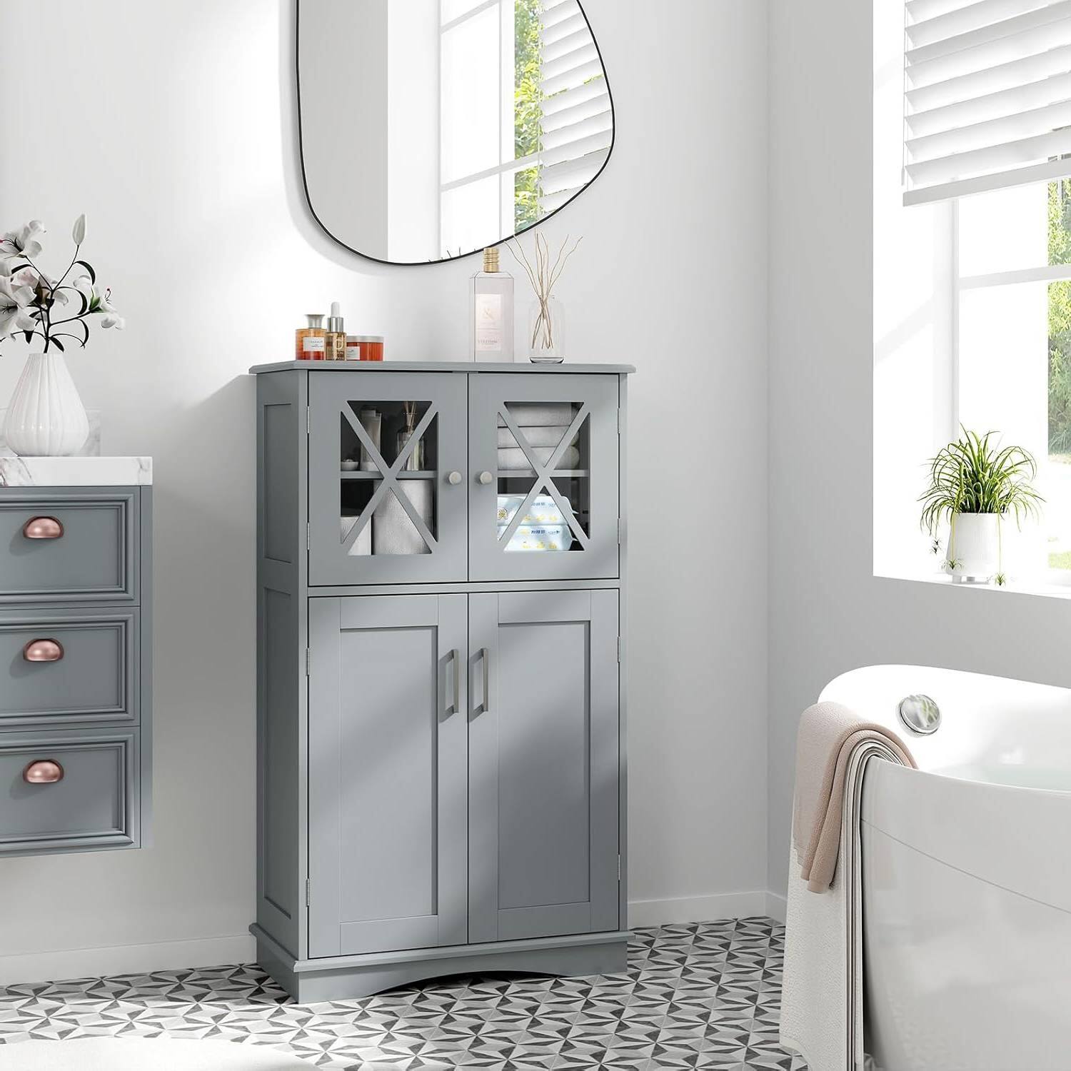 Angle. Hivvago - Grey Bathroom Towel Linen Cabinet with Glass Doors and Storage Shelves - Grey.