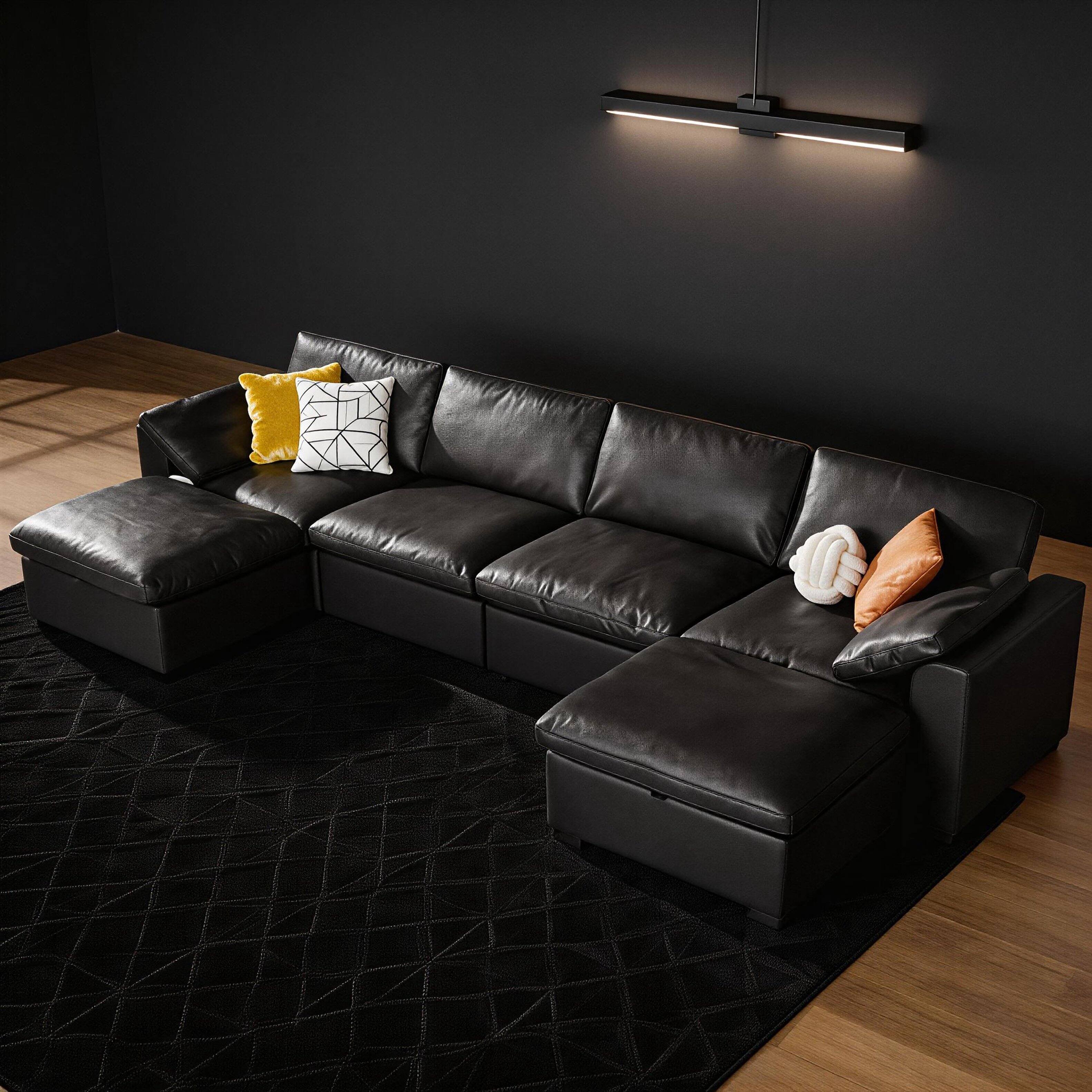 Dyonery - 160-inch oversized modular sectional sofa, U-shaped sofa with storage bench, down-filled, solid wood frame - Black